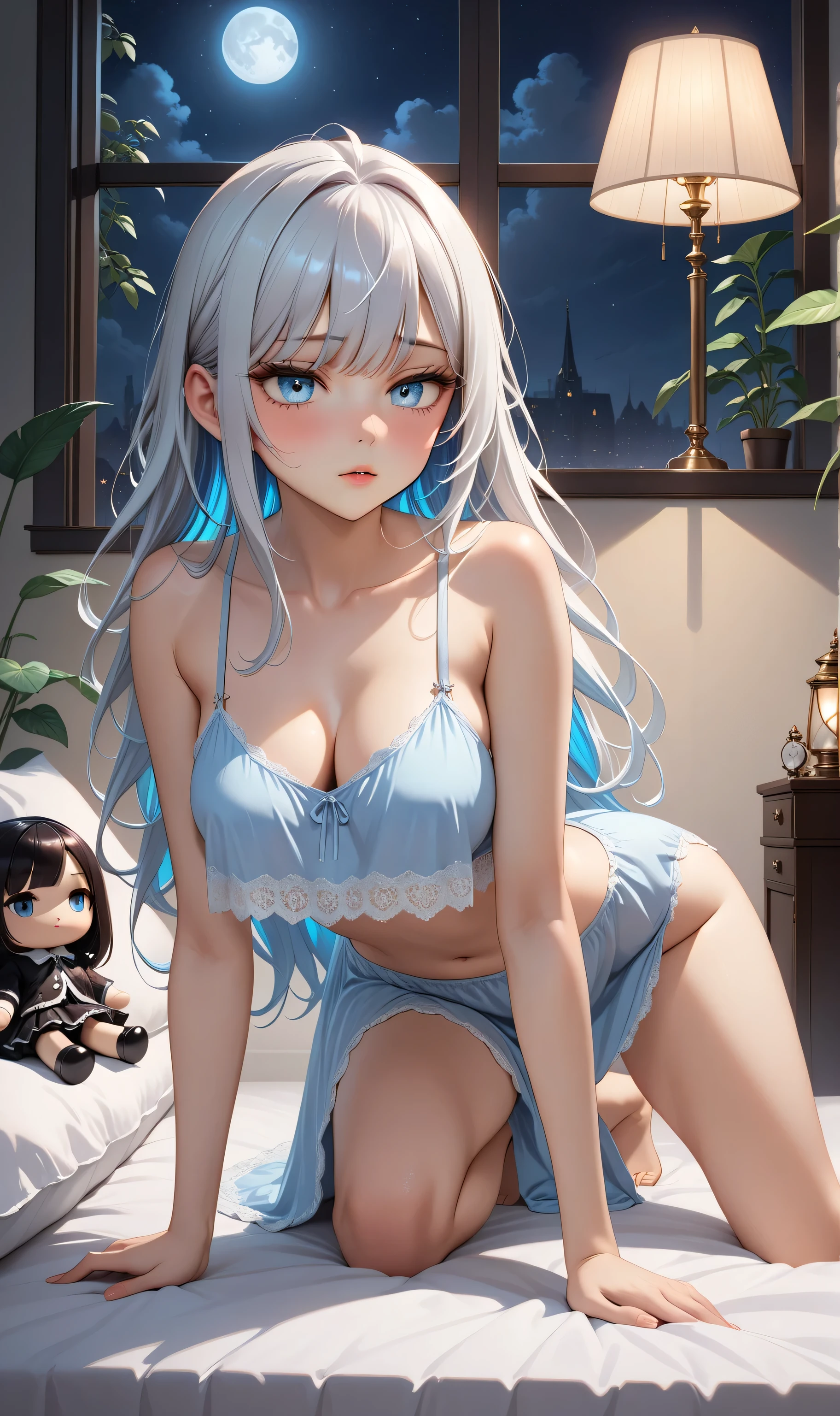 Create a high-quality, detailed image of a beautiful anime gamer girl with tattoos, long silver hair, sitting at her gaming PC in her bedroom. She is wearing a see-through tank top, barely showing her nipples, with her legs open, revealing her panties. The warm, inviting scene includes soft ambient lighting and comfortable seating. The bedroom is illuminated by a small lamp, creating a serene and intimate atmosphere. Ensure the room has cozy elements like a bed with plush pillows and blankets, posters on the walls, and a few gaming accessories scattered around to enhance the ambiance.