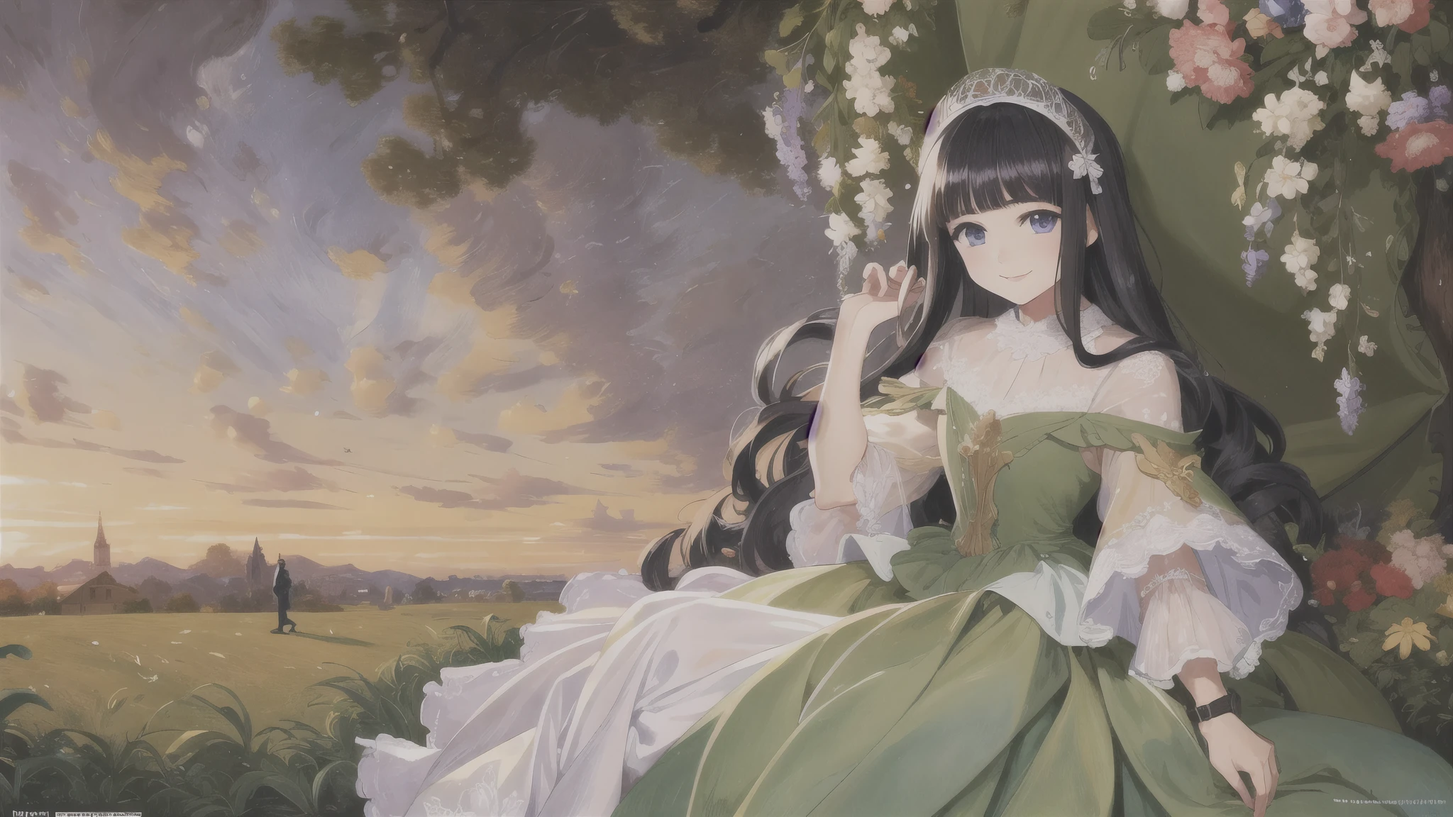 ( Masterpiece), ( top quality), ( complicated details), ( Illustration of ), ( is ridiculous), (Ecstatic),
detailed, (poster Illustration of ), ( Cute :1.02),
(oil ( Francois Boucher ), (Alphonse Mucha:0.8), Claude Monet , ( Franz Xavier Winterhalter:0.8), ( Norman Rockwell :0.8)),
Tomoyo, Tomoyo-e, (Clamp:1.1),
1 girl, Alone, smile, long hair, above Decorati has , White headdress, black hair, purple eyes , blunt bangs,
( skinny fit), ( Watch Viewers ), (), ( full body), Very Exquisite Face ,
( detailed background :1.2),
beautiful legs, detailed body, detail hand , ( super precision ), sharp, ( Hi-Res), ( high detail:1.2), detaileded, Soft Lighting , beautiful detailed glow,
