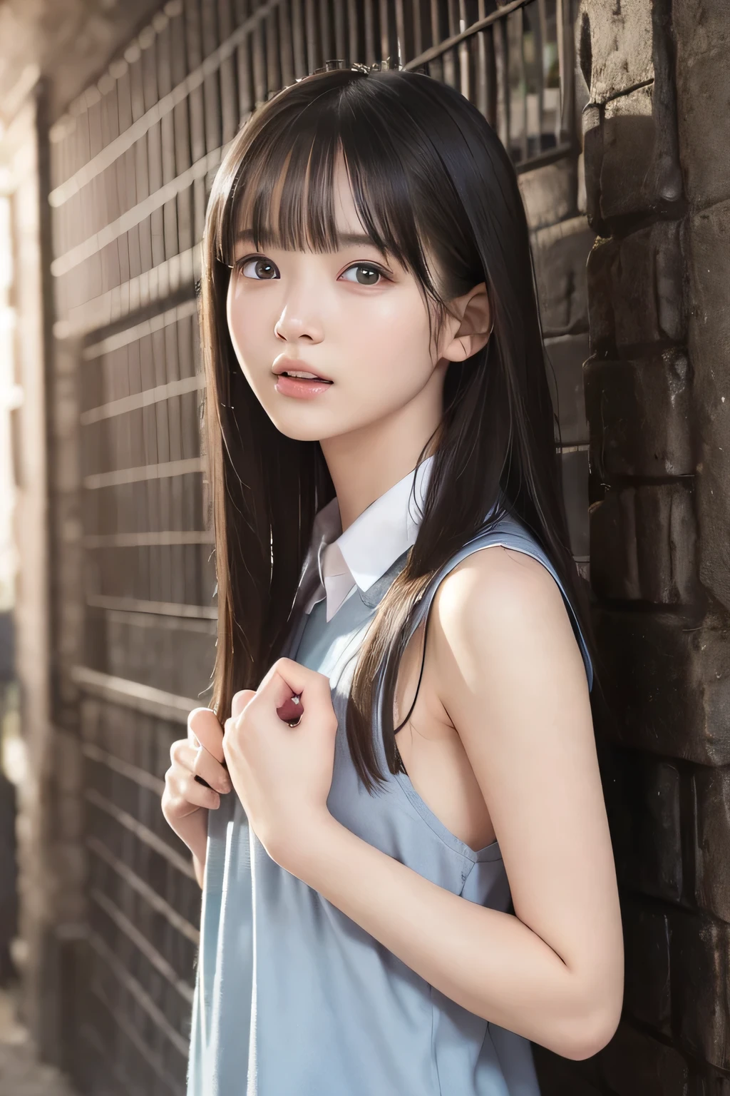 (8k,  RAW photo,  photorealistic:1.25) ,(metal collar, lip gloss, eyelashes, Shiny surface, Glossy Skin,  best quality, ultra highres,  allows depth of field, naked, nude, Color Difference ,  caustics,  blow lighting , Natural Shading,  kpop idol) , With an expression of calm and bliss like a goddess, crying, tears, tearing, sadness, dark dungeon