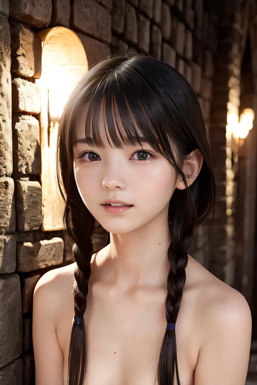 (8k, RAW photo, photorealistic:1.25) ,( lip gloss, eyelashes, Shiny surface, Glossy Skin, best quality, ultra highres, allows depth of field, naked, nude, short two braids hair, Color Difference , caustics, blow lighting , Natural Shading, kpop idol) , while staring at the audience 、With an expression of calm and bliss like a goddess, crying, tears, tearing, sadness, dark dungeon
