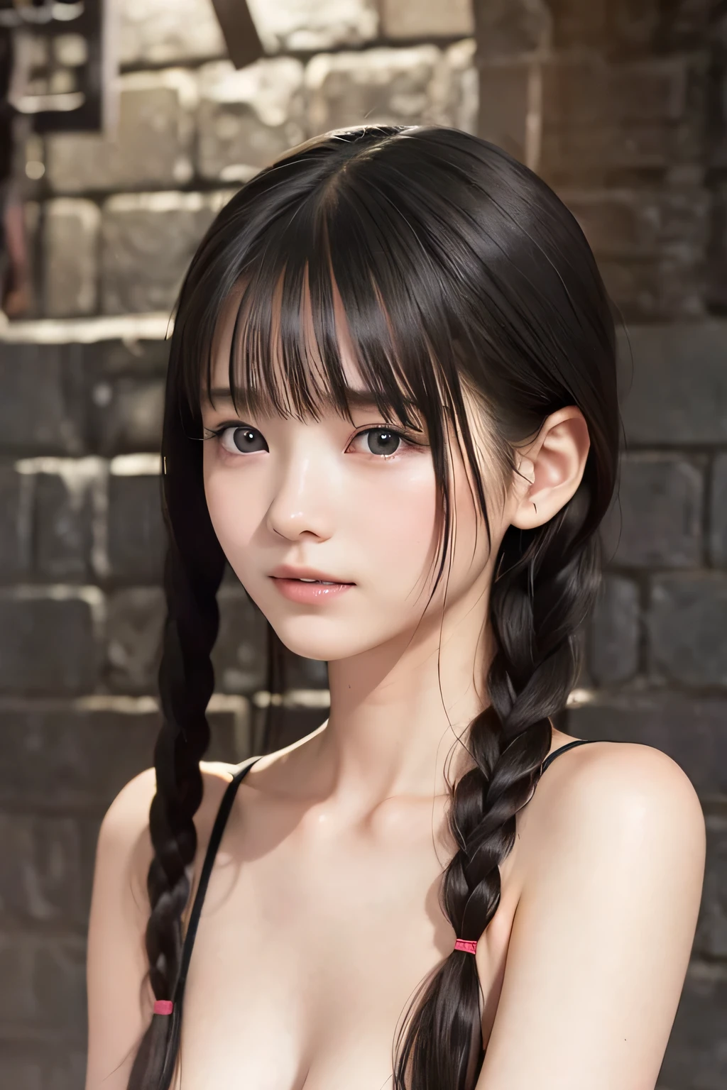 (8k, RAW photo, photorealistic:1.25) ,( lip gloss, eyelashes, Shiny surface, Glossy Skin, best quality, ultra highres, allows depth of field, naked, nude, short two braids hair, Color Difference , caustics, blow lighting , Natural Shading, kpop idol) , while staring at the audience 、With an expression of calm and bliss like a goddess, crying, tears, tearing, sadness, dark dungeon