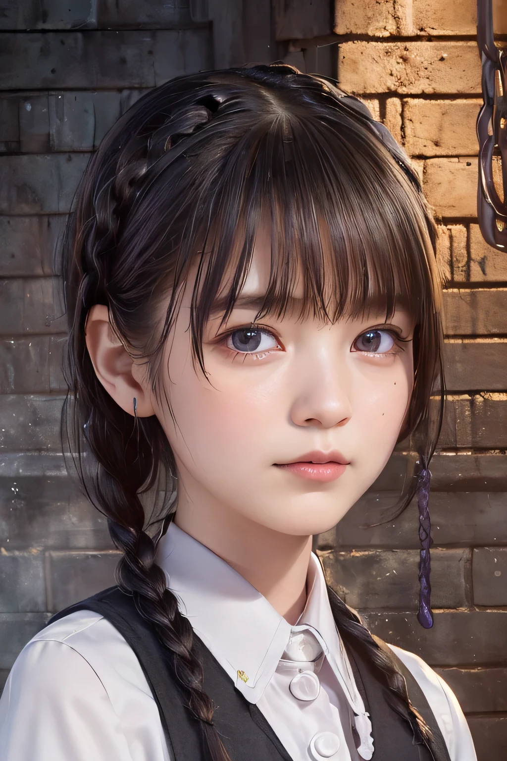 (8k, RAW photo, photorealistic:1.25) ,(upper body, lip gloss, eyelashes, Shiny surface, Glossy Skin, best quality, ultra highres, allows depth of field), (school uniform, vest, short two braids hair:1.5), (Color Difference , caustics, blow lighting , Natural Shading, kpop idol) , while staring at the audience, With an expression of calm and bliss like a goddess, crying, tears, tearing, sadness, (a girl in the iron grade prison, slave collar, dark dungeon:1.5)