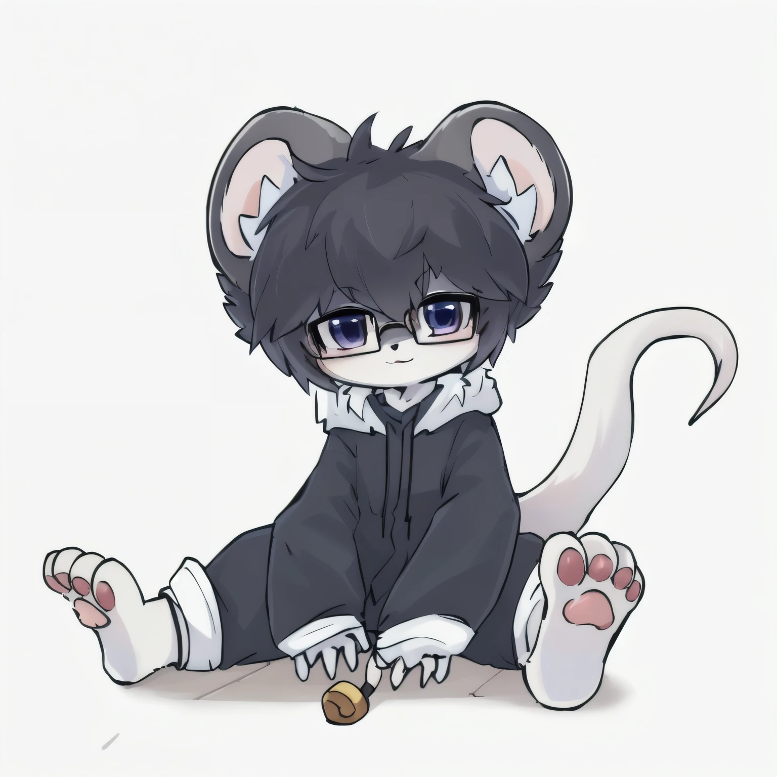 an anime character with a cat wearing glasses and a coat sitting on the ground, maplestory mouse, anthropomorphic mouse, Full body entrustment, high resolution request , cute little cartoon mouse , mouse, stanley mouse, Full body portrait, depicting a white shirt !, 拟人化的mouse, Delegation on furaffinity, hybrid of mouse