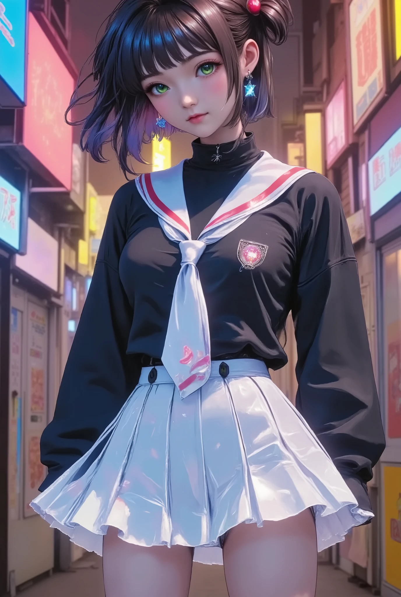 inomoto sakura, She has green eyes , I have brown hair tied in two with red elastic, bob cut, My hair isn't long, background is blurry , She's in a traditional Japanese uniform , Black long sleeve shirt with white and red trim , white blouse, white tie, and a white pleated skirt , She's fair skinned and petite , indoor, best quality, highres, 1080P, HD, 16k, nsfw, Her skirt is slightly rolled up, revealing her underwear, Spread your legs a little, naughty expression