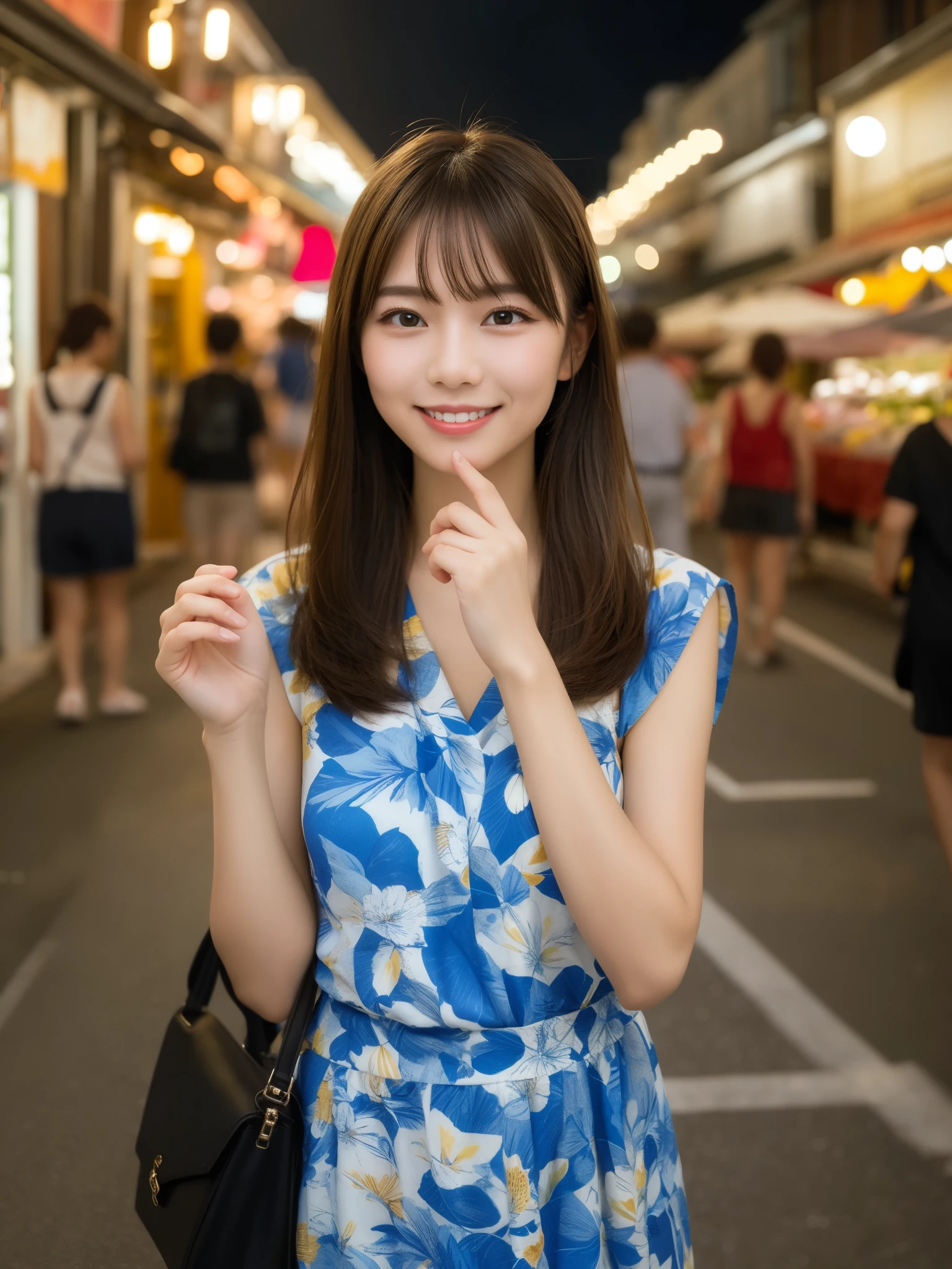 (masterpiece, best quality:1.2, 8k RAW photo, 1girl, solo, natural soft lighting), small breast, standing in a crowded shopping mall, smiling at camera, upper body, wearing pijama