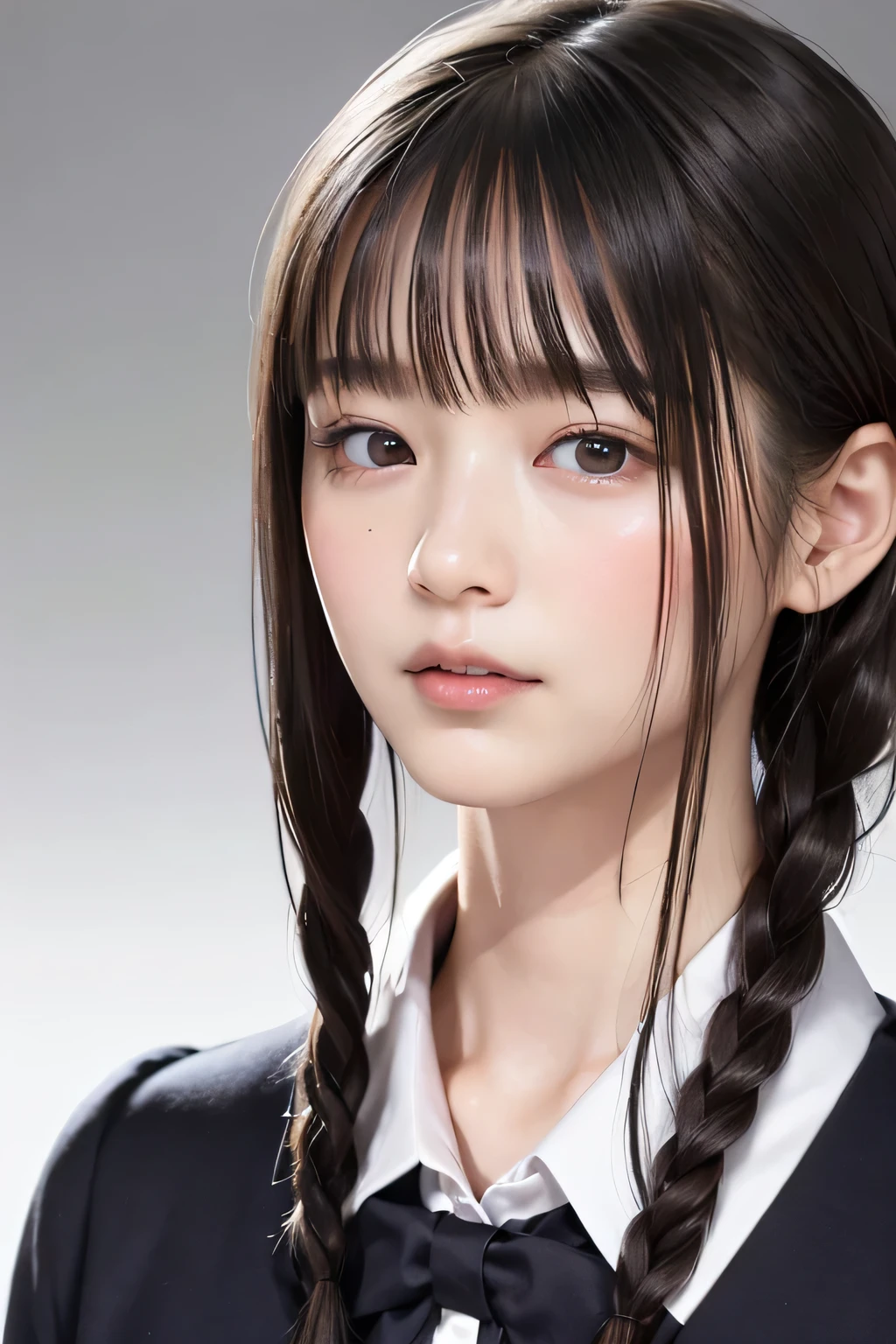 (8k,  RAW photo,  photorealistic:1.25) ,(  lip gloss,  eyelashes, Shiny surface, Glossy Skin,  best quality, ultra highres,  allows depth of field, naked, nude,  short two braids hair, Color Difference ,  caustics,  blow lighting , Natural Shading,  kpop idol) , while staring at the audience 、With an expression of calm and bliss like a goddess, crying, tears, tearing, sadness, dark dungeon