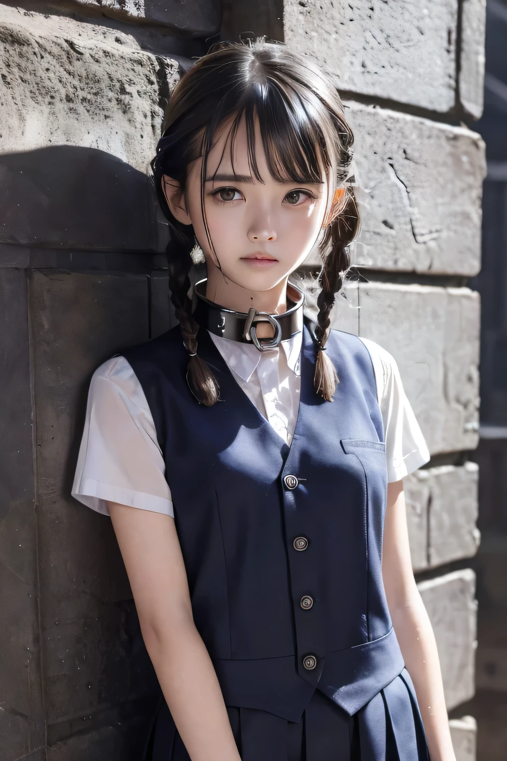 (8k, RAW photo, photorealistic:1.25) ,(upper body, lip gloss, eyelashes, Shiny surface, Glossy Skin, best quality, ultra highres, allows depth of field), (school uniform, vest, short sleeve shirt:1.4), (wet hair, short two braids hair:1.5), (Color Difference , caustics, blow lighting , Natural Shading, kpop idol) , while staring at the audience, With an expression of calm and bliss like a goddess, crying, tears, tearing, sadness, (a girl in the iron grade prison, a girl with slave metal collar, dark dungeon:1.5)