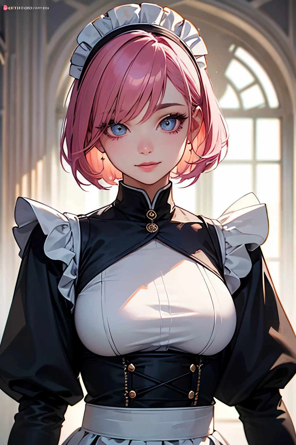 (best quality,4k,high resolution,masterpiece:1.2),detailed eyes,beautiful detailed lips,extremely detailed large eyes and face,long eyelashes, perfect , a maid with short pink hair is standing, Europian noble face,face with no emotion like a doll, tightly fitted outfit,black long-sleeved maid costume,wearing long skirt, wearing white tights, upper body portrait abobe the knee,beautiful face with vacant smile, large blank eyes, feels a blank expression.