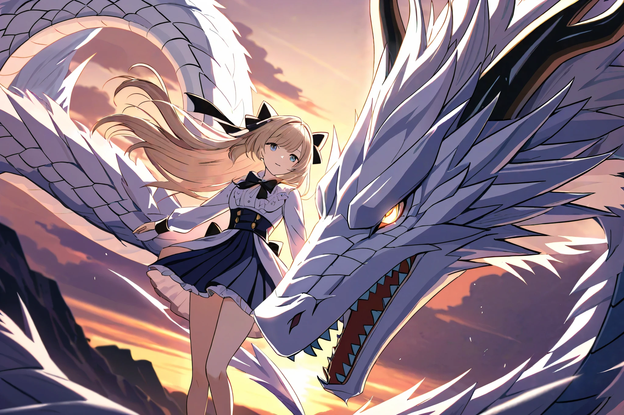 White dragon and girl with a bow