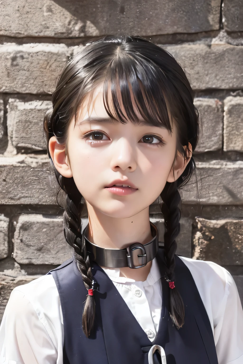 (8k, RAW photo, photorealistic:1.25) ,(upper body, lip gloss, eyelashes, Shiny surface, Glossy Skin, best quality, ultra highres, allows depth of field), (school uniform, vest, short sleeve shirt:1.4), (wet hair, short two braids hair:1.5), (Color Difference , caustics, blow lighting , Natural Shading, kpop idol) , while staring at the audience, With an expression of calm and bliss like a goddess, crying, tears, tearing, sadness, (a girl in the iron grade prison, a girl with slave metal collar, dark dungeon:1.5)