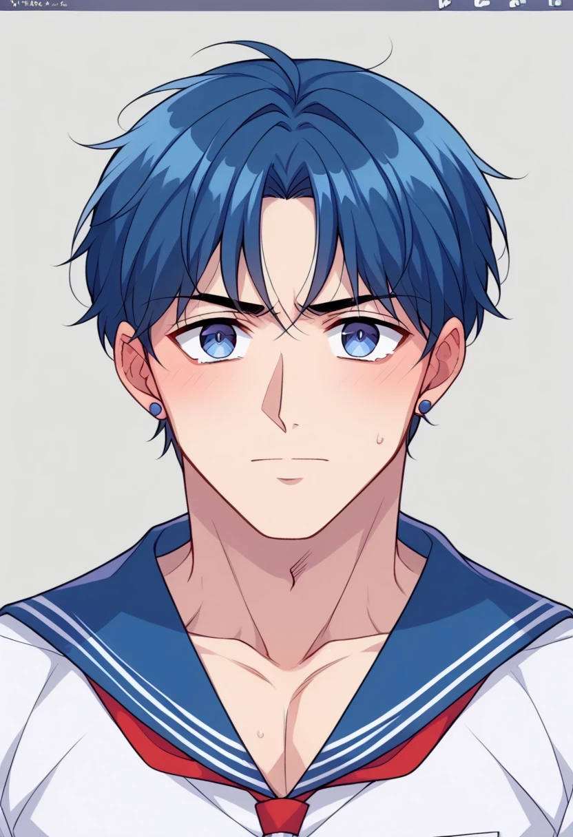 scoreup、scoreup、scoreup、sourceanime、 Masterpiece、 top quality、 Hi-Res、 digital media ( artwork)、 anime coloring book、overview、 animated screen capture、isolated on white background、upper body、(looking at viewer, facing viewer:1.1) (telephoto perspective, zoomed-in composition, :1.1)、 ogipote、 calm、1boy 、Which is Mizuno、(male:1.6)、 male focus、(male body:1.6)、Alone、curvy、Short Hair、bangs、 blue eyes、Blue Hair、parted bangs、stud earrings、Tears、 school uniform、 blue sailor collar、 white shirt 、 Red Neckerchief、 blue skirt、 sailor suit、(manly:1.6)、