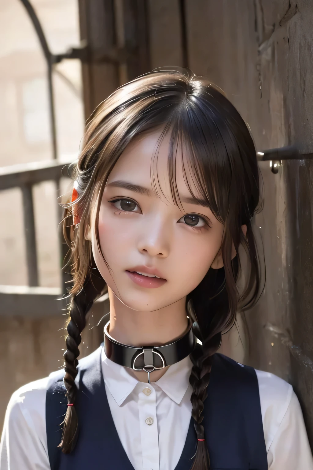 (8k, RAW photo, photorealistic:1.25) ,(upper body, lip gloss, eyelashes, Shiny surface, Glossy Skin, best quality, ultra highres, allows depth of field), (school uniform, vest, short sleeve shirt:1.4), (wet hair, short two braids hair:1.5), (Color Difference , caustics, blow lighting , Natural Shading, kpop idol) , while staring at the audience, With an expression of calm and bliss like a goddess, crying, tears, tearing, sadness, (a girl in the iron grade prison, a girl with slave metal collar, dark dungeon:1.5)