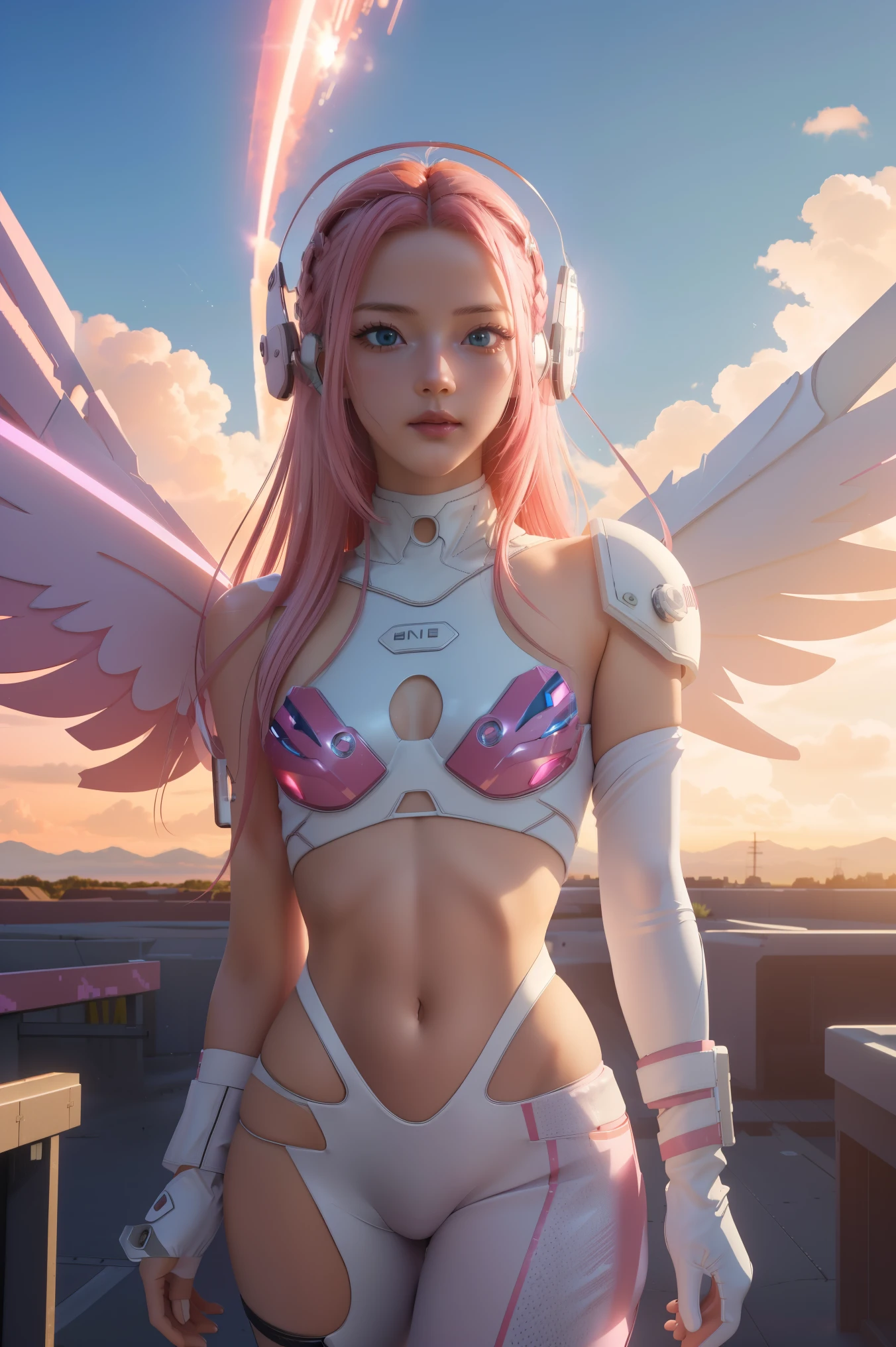 ((masterpiece, best quality, extremely detailed), volumetric lighting, ambient occlusion, colorful, glowing),
1girl, solo, young girl, (pink hair), long hair, halo, aura, sacred, godness, cyber suit, (white outfit:1.3), android, bot, angel wings,
outdoors, sunset, sky, clouds, space, (cyberpunk theme:1.2),