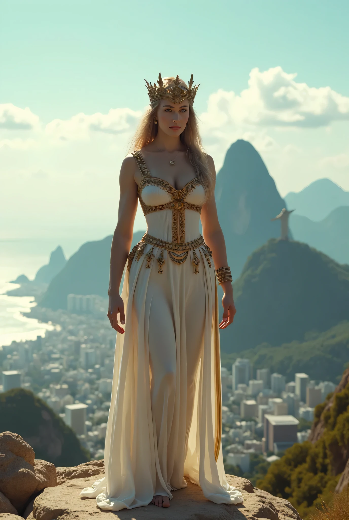 Magnificent detail, 8K Photos, hyper- realism, realistic background, visual depth, wide angle lens, professional light, all-body. {The scene shows a natural blonde princess of 25 years old, delicious, walking through a poor city in Haiti, observing all the misery of the place and some black men working shirtless.} {The Princess is dressed in traditional clothes of a medieval princess. Their expressions are remorseful, but she seems to start to liven up when she looks at one of the black men} {the black men are visibly poor, Poorly dressed, thin, but with muscular bodies. They pause their manual labor and express sexual attraction to the princess}. The princess's clothes allow you to perceive the curves in her delicate body.