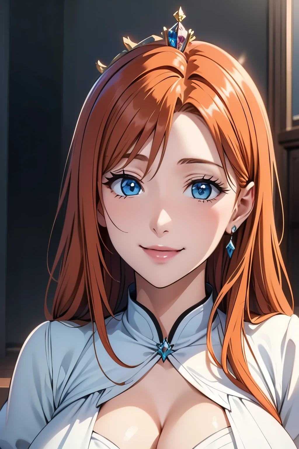 portrait, elegant mature woman, blue eyes, very long ginger hair, orange hair, big breast, ultra detailed cg 8k, beautiful cg, soft light, smiling, white dress, diamond collar, princess crown