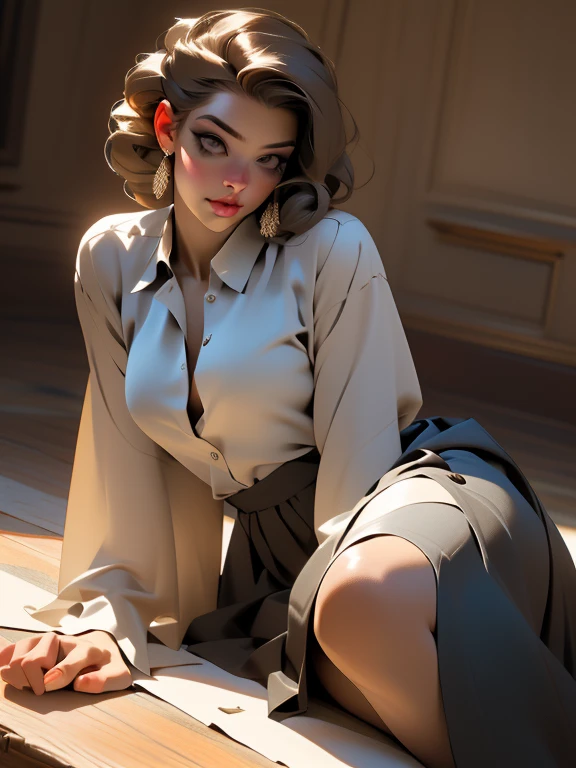 ((Masterpiece, best quality, photography, detailed skin, realistic, photo-realistic, 8k, highly detailed, full length frame, High detail RAW color art, diffused soft lighting, shallow depth of field, sharp focus, hyperrealism, cinematic lighting, a woman, mature, beautifully makeup, bold eyeshadow, beautiful big eyes, brown eyes, long eye lashes, brunette updo hair, saggy breast, medium breast, wide hips, unbutton shirt, ((gray satin shirt)), Taupe satin long maxi skirt, unbutton shirts, gray satin bra, curves, lying, on side, lying split, on table, spread legs, folding legs, cum in pussy