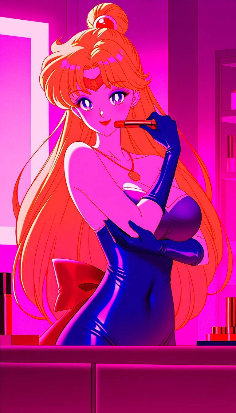 (((Masterpiece))), (best qualighy, best resolution:1.2), beautiful anatomy, perfect body, very delicate, super gorgeous hair, very beautiful hair, high ponytail, pink hair ornament, multicolored hair, absurderes, glowing eyes:1.2, tight green lycra shorts, black strapless crop top :1.3, clothes under clothes, full body, pigeon-toed, holding a sailor moon stick, (beautiful bed with stars scenery), unique art, most beautiful art, ((ultra detailed)), beautiful details, ((nice drawn hands and fingers)), (most beautiful legs), depth in field, cinematic lightining, colorful, intricate