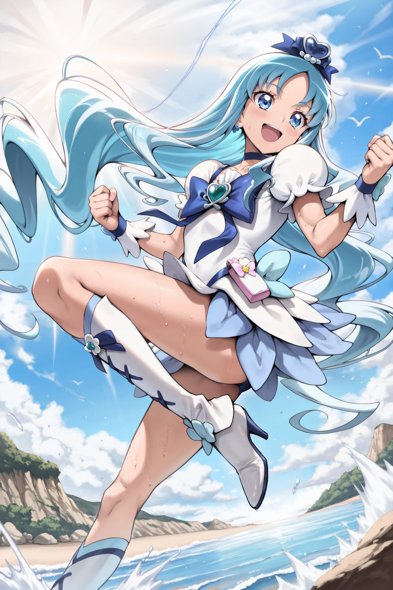 Anime girl with blue hair and white dress running on the beach（kurumi ...