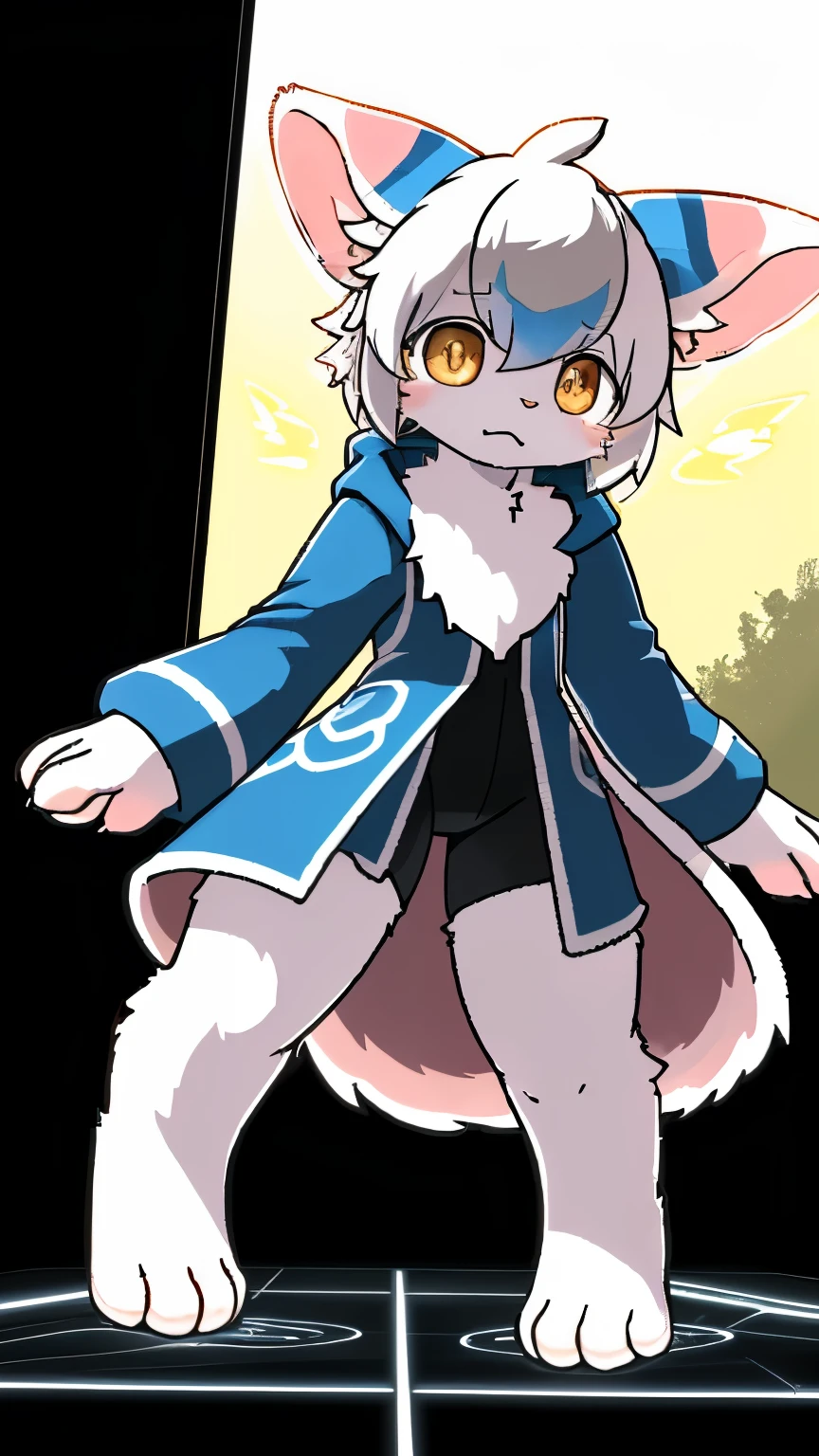 Body Type: Only the size of an adult's palm, When standing upright, it is about 15 cm tall,圆润的棉花糖般Body Type,The fluffy fur makes the overall outline look soft and harmless。
Coat color:Snow white throughout,The abdomen has a light golden crescent-shaped pattern,In the sun, it will emit a mother-of-pearl iridescent luster。
head:
ear: A pair of oversized round ears, The inside is light pink, Each ear tip has a tuft of long silver hair,Affected by emotions, they will stand upright or droop like antennas。
eyes: occupies 1% of the face/ 3% amber almond eyes,The pupils shrink into vertical lines in the dark, When excited, they flash star-shaped spots。
Nose:The light pink nose is always twitching,Six shiny silver whiskers on both sides, Can sense the flow of magic。
Limbs:
The front paws have four fingers, Covered with fine white Short-haired black hair, Fingertips have fleshy pads,Can deftly operate micro-experimental equipment。
Hind limbs are similar to kangaroos, Strong bounce ,The soles of the feet are printed with light blue energy circuit patterns。