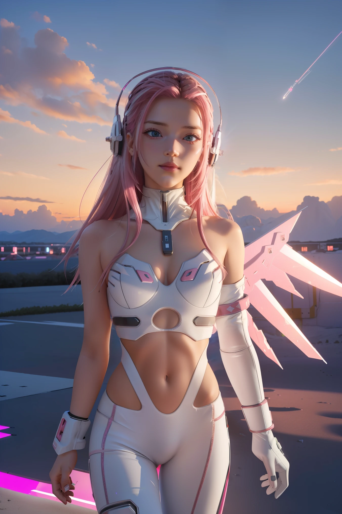 ((masterpiece, best quality, extremely detailed), volumetric lighting, ambient occlusion, colorful, glowing),
1girl, solo, young girl, (pink hair), long hair, halo, aura, sacred, godness, cyber suit, (white outfit:1.3), android, bot, angel wings,
outdoors, sunset, sky, clouds, space, (cyberpunk theme:1.2),