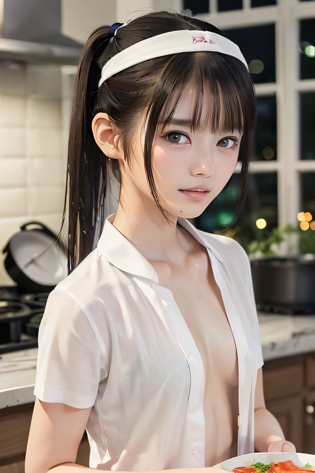 (8k, RAW photo, photorealistic:1.25), (looking at viewer, Messy hair, disheveled wet Hair, wet short ponytail hair, white headband:1.8), (lip gloss, eyelashes, Shiny surface, Glossy Skin, best quality, ultra highres, allows depth of field, Color Difference , caustics, blow lighting , Natural Shading, kpop idol), (cleavage, flat chest, covered nipples, naked white shirt, nude, short sleeve shirt, Unbuttoned shirt:1.7), (Swollen eyes from crying , crying, tears, tearing, sadness:1.2), (dark background, indoor, a girl is making dinner, dark small kitchen, night view:1.4)