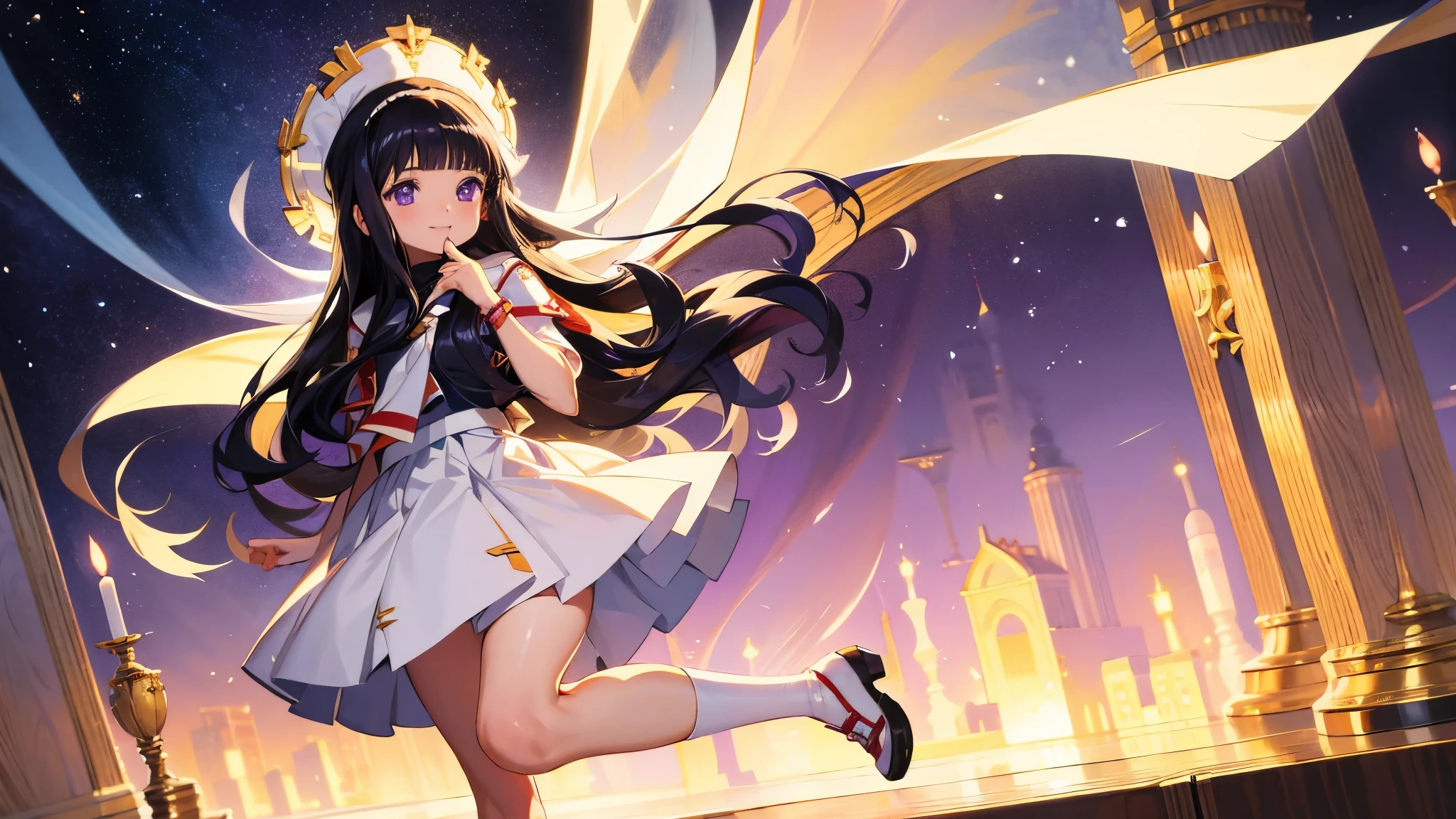 ( Masterpiece), ( top quality), ( complicated details), ( Illustration of ), (  is ridiculous), (Ecstatic),
 detailed, (poster  Illustration of ),  
 Tomoyo, Tomoyo-e, Clamp, 
 1 girl, Alone, smile,  long hair,  above Decorati has , White headdress,   black hair,   purple eyes , blunt bangs,
( skinny fit), ( Watch Viewers ), (), ( full body),  Very Exquisite Face ,
( detailed background :1.2),
 beautiful legs,  detailed body,  detail hand , ( super precision ),  sharp, ( Hi-Res), ( high detail:1.2),  detaileded,  Soft Lighting , beautiful detailed glow,