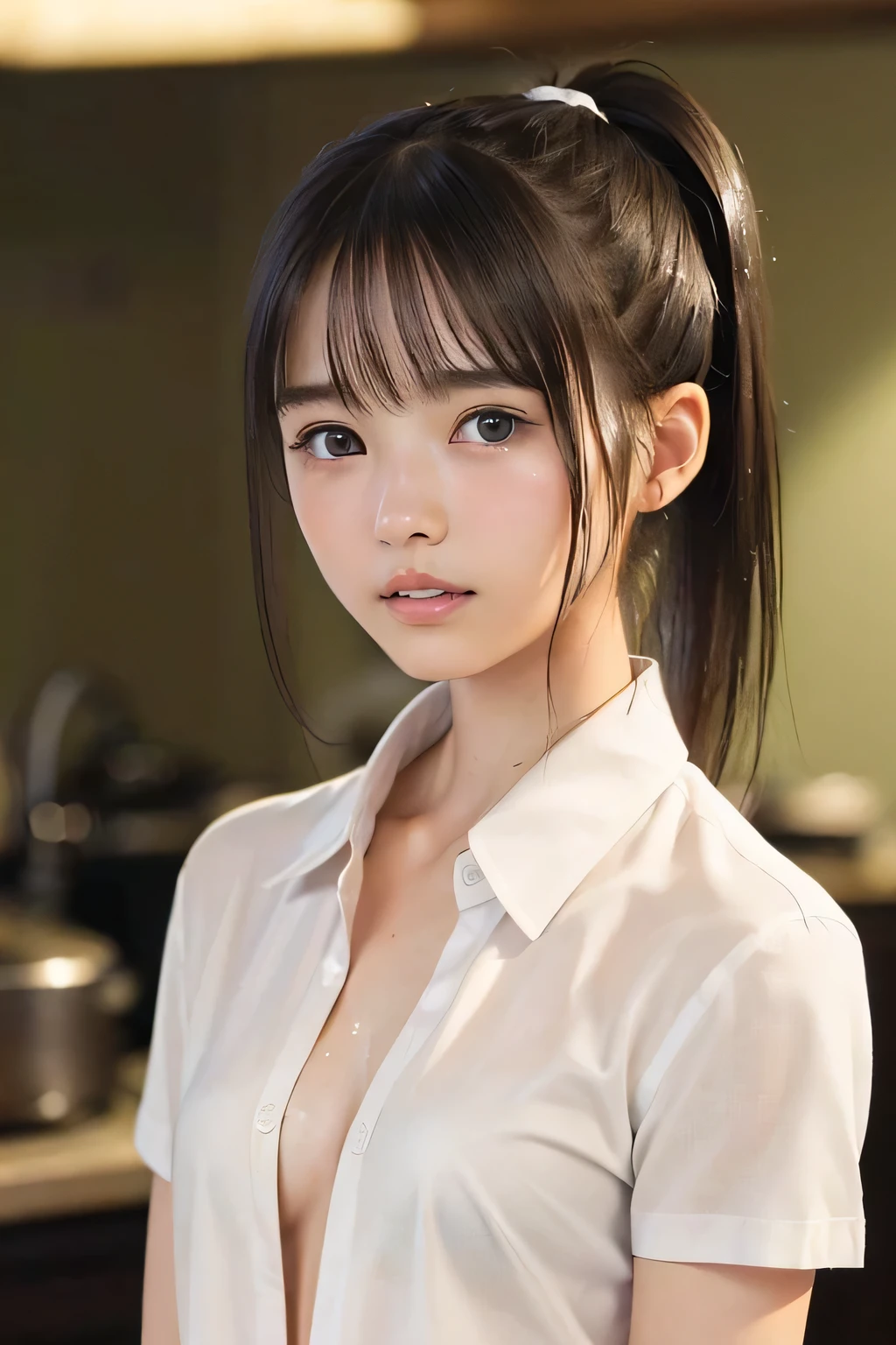 (8k, RAW photo, photorealistic:1.25), (looking at viewer, Messy hair, disheveled wet Hair, wet short ponytail hair:1.8), (white headband:1.2) (lip gloss, eyelashes, Shiny surface, Glossy Skin, best quality, ultra highres, allows depth of field, Color Difference , caustics, blow lighting , Natural Shading, kpop idol), (cleavage, flat chest, covered nipples, naked white shirt, nude, short sleeve shirt, Unbuttoned shirt:1.7), (Swollen eyes from crying , crying, tears, tearing, sadness:1.2), (dark background, indoor, a girl is making dinner, dark small kitchen, night view:1.4)