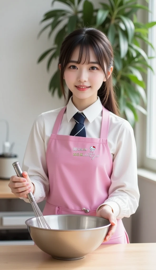 The photo is a professional portrait shot of a woman in a wide-angle composition from the front. The background of the photo is a stylish open kitchen with modern interior. She is holding her left hand over the edge of a medium-sized, hemispherical stainless steel bowl on the kitchen table. In her right hand, she is holding the handle of one small stainless steel whisk and stirring the chocolate paste in the bowl. She is a beautiful high school girl. She smiles. Her beautiful black hair is pulled up in a single ponytail. She is wearing a cute pink apron with little letters saying "Hello Kitty" and little Hello Kitty characters on it.
A long-sleeved white blouse with the sleeves rolled up to her elbows, A navy blue-based uniform tie, A large potted plant in the corner of the room, daytime, sunlight shining in, lighting effects, anatomically correct, physically correct, 8K UHD, high resolution, film photography