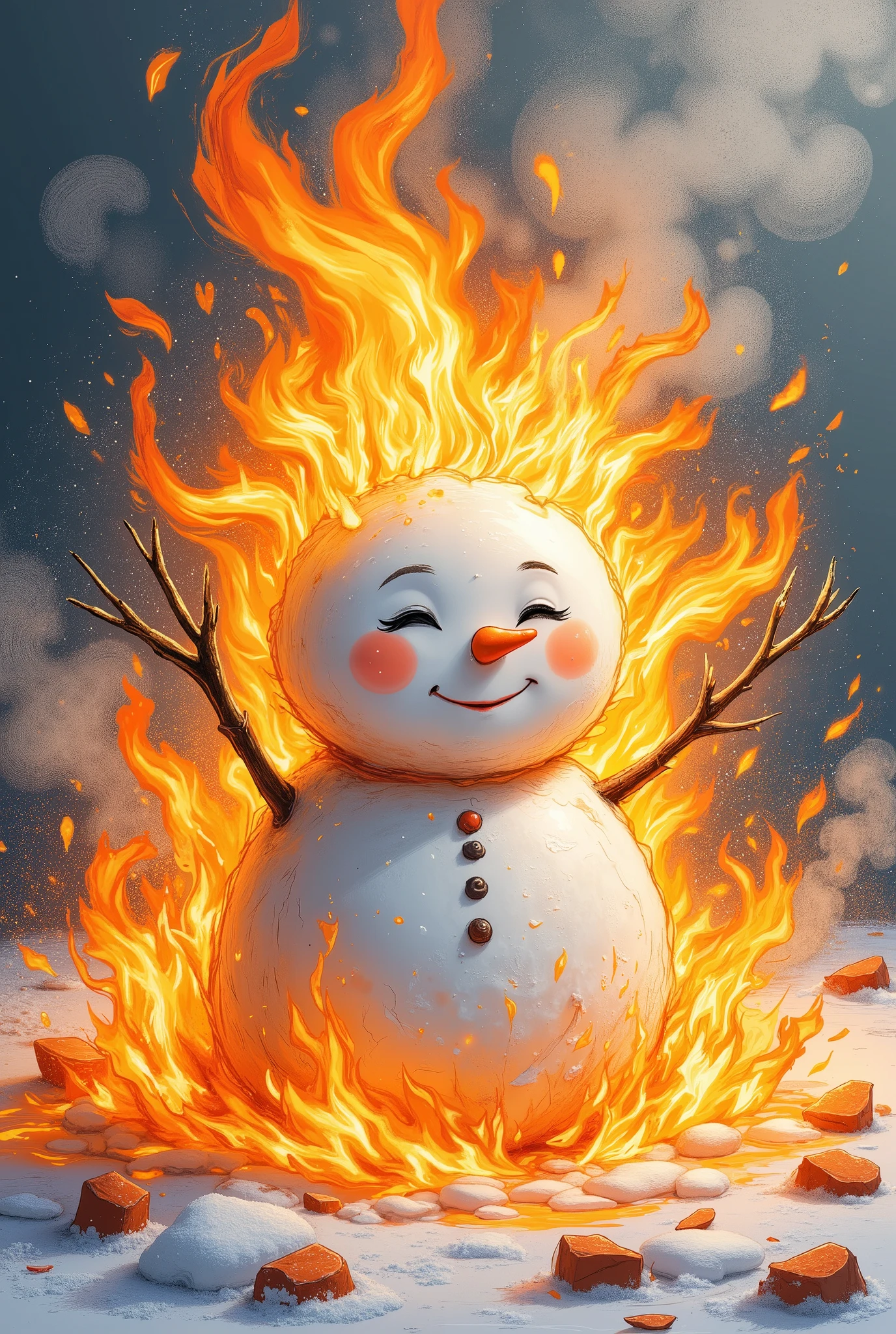simplism,anime like cute 2 tier snowman is tightly hugging a towering hell fire, melting yet smiling with joyful,His stick arms are wrapped around the flames, steam and water droplets evaporating into the air as glowing embers swirl around him. The exaggerated contrast between his icy, soft texture and the roaring, blazing heat creates a whimsical and absurd atmosphere. The fire reacts playfully to the embrace, as if flickering with amusement. The lighting is cinematic, with hyper-detailed textures emphasizing the surreal humor of the moment, rendered in ultra-detailed 4k quality.