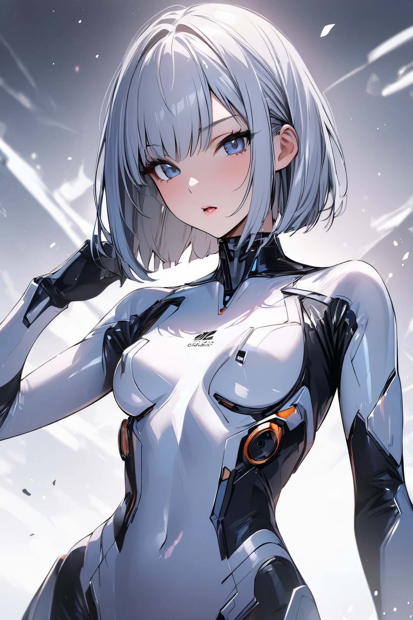 random angle close portrait, brush drawing image, beautiful Thai female teen, aged 20, dynamic fighting action pose with white advanced sci-fi shooter, advanced black earbuds, medium-long straight light grey hair with forelock, white slim fit sci-fi stand collar diving suit with 3/4 white sleeves, slim fit sci-fi glossy white pants with weapons holster on thighs, black shoulders and arms armour, black gloves, grey smoke explode, white background, 8k resolution