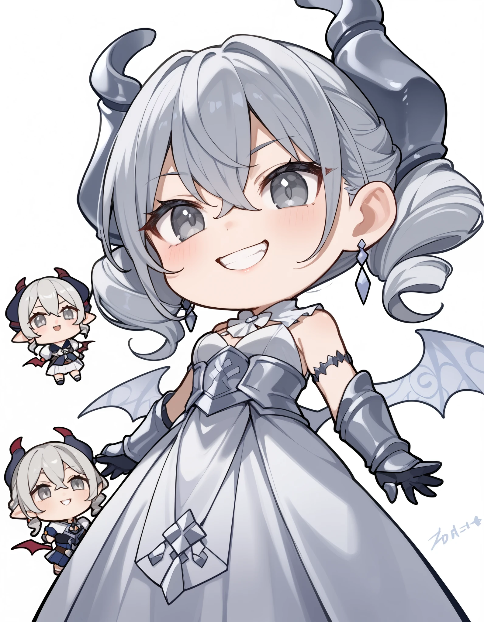 ( score_9:0.9), score_8_ up the side, score_7_ up the side,rating_safe,(zPDXL3),(zPDXL),
 Masterpiece, complicated details,Anime,4K, top quality,Anime style,　

lovely labrynth of the silver castle, demon horns, drill hair, grey eyes, grey hair, hair between eyes, horns, medium hair, 

demon Wings, earrings, gauntlets, jewelry, low Wings, Wings, Long Skirt 、

( chibi、whole body:1.8),

(smile、 grin 、 from below:1.3)、 dynamic pose、

 white background、