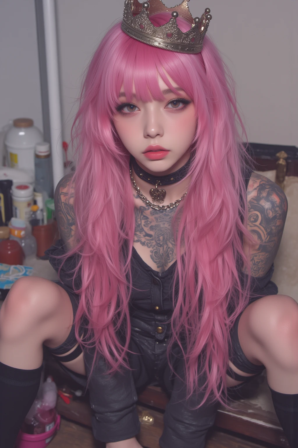 woman, 20 years old, beautiful woman in messy bedroom, poofy hair, eyeliner, emo, goth, bright pink hair, head ornament, stockings, skinny, pink lighting, pink sweater, sitting