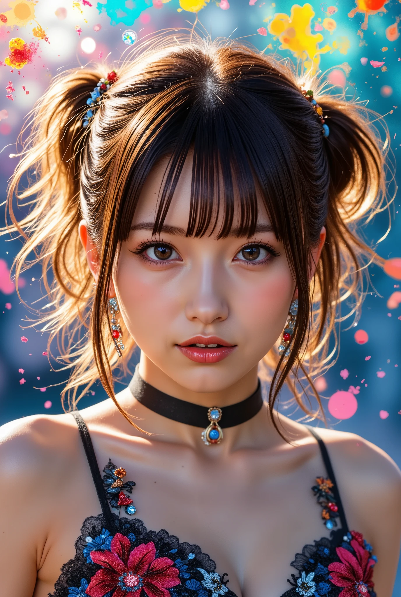 A stunning 8K wallpaper! Here's your prompt: Vibrant Australian girl with multicoloured hair stands tall in a dynamic pose against a mesmerizing backdrop of colourful paint splashes on transparent glass. Her raw, hand-drawn style illustration features intricate details and subtle glow on her beautiful face and eyes. Against the caustic lighting, she radiates confidence and energy, set amidst a seamless 8K RAW background.