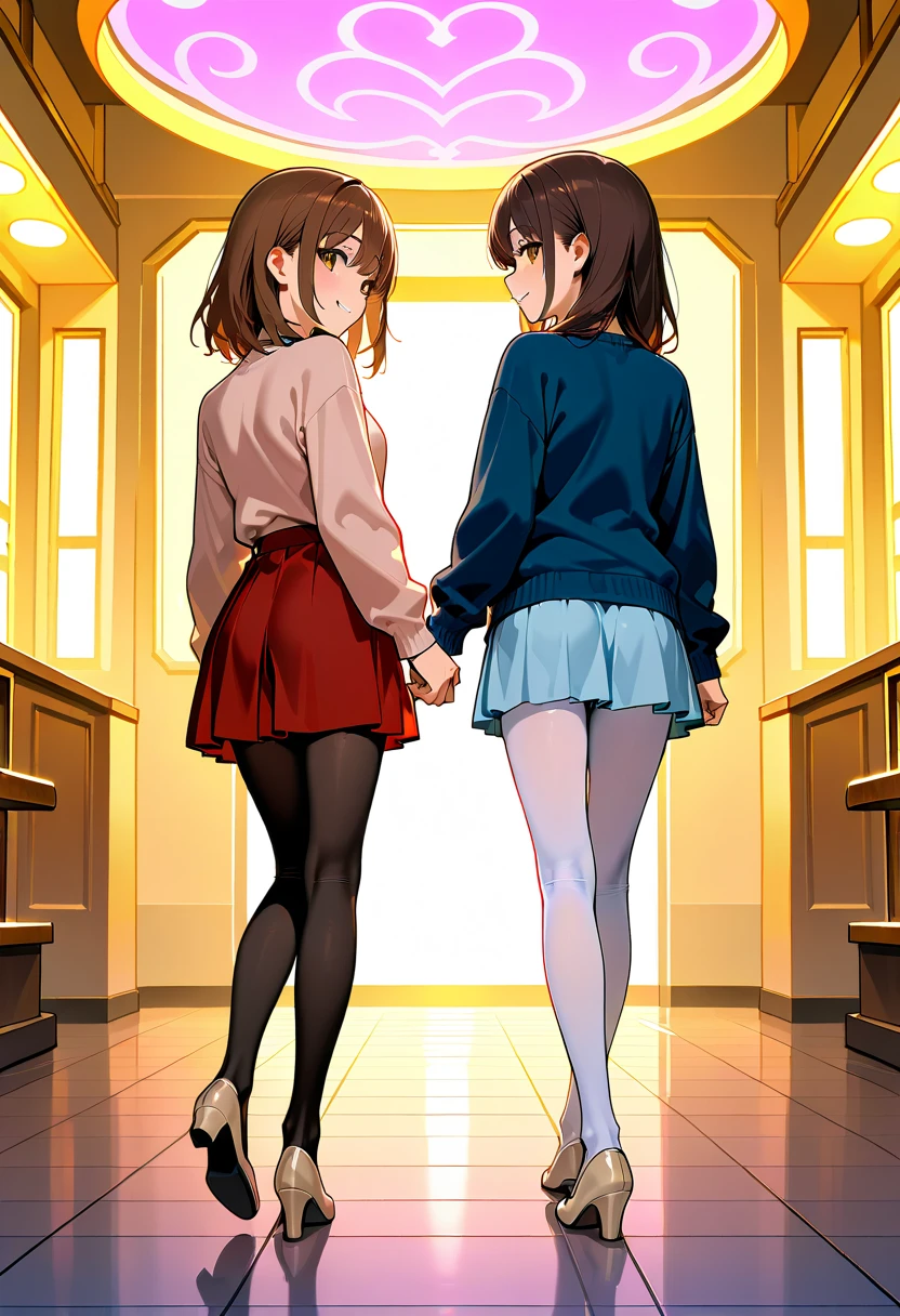 , 3 girls, (Loli, goth, black dress, miniskirt, black panties), (redhead, pink dress), (brown hair, coral dress), stairs, low angle, from behind, looking back