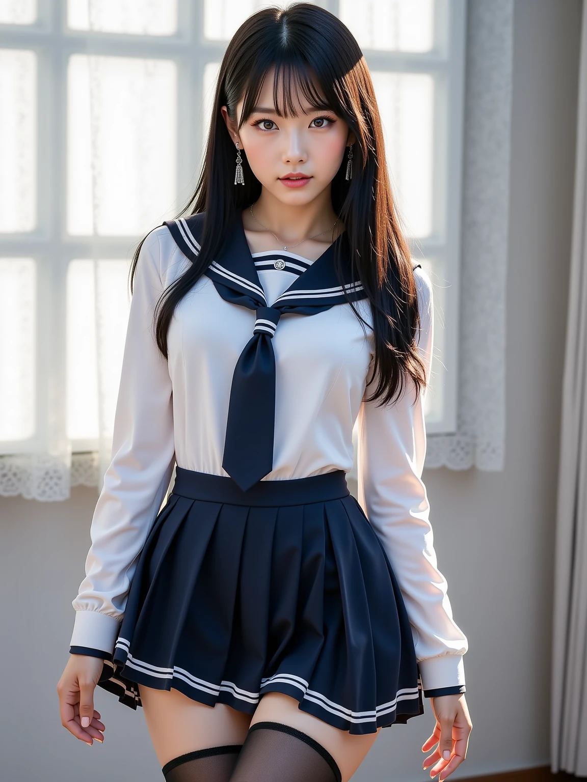 (8K, RAW photo, realistic:1.25) ,( lip gloss, eyelash, gloss-face, Glossy skin, highest quality, ultra high resolution, Depth of bounds written, chromatic aberration, caustics, wide range lighting, natural shading,K-POP idol) looking at viewer with a serene and goddess-like happiness, high school classroom, sailor suit, mini skirt