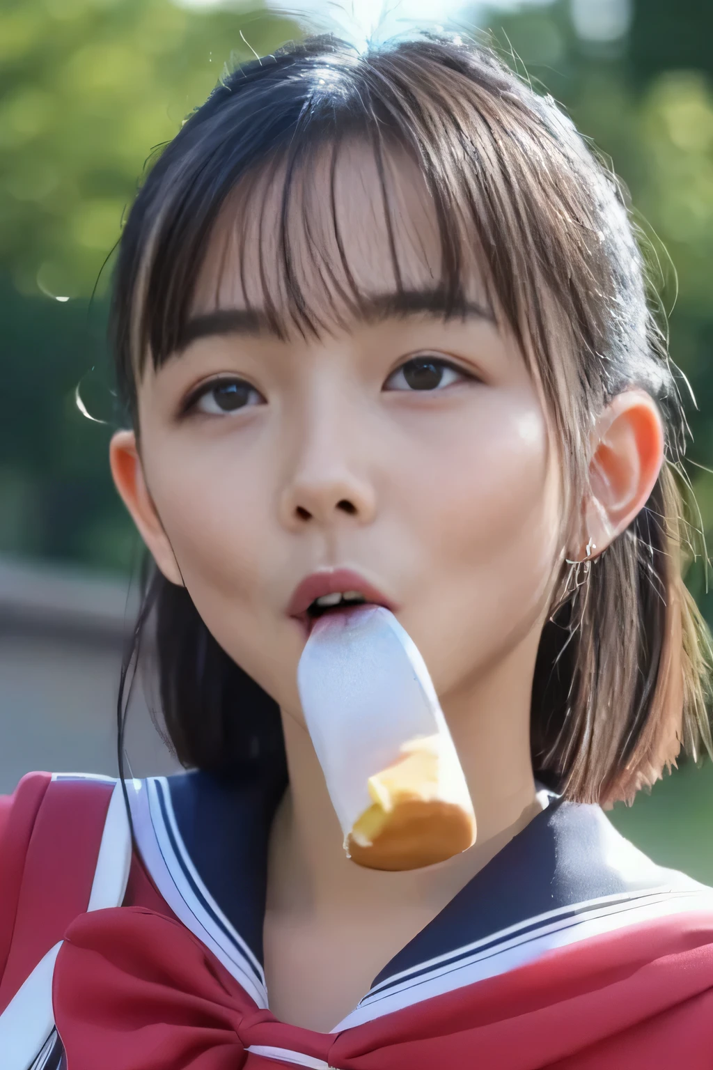(8K, RAW Photos, Highest quality, High resolution: 1.1), (ultra Realistic: 1.4), (Realistic, Realistic: 1.3), The Beauty of Japan, masterpiece, best quality, intricate details, extremely detailed, cinematic lighting, solo, 1girl, a yo Japanese schoolgirl, White skin, (oral, blowjob, deepthroat, french bread in hand, shovel a big sausage into mouth, fully open mouth:1.4), (large breasts, ), dark hair, twintail hair, cute face, extremely detailed face, beautiful detailed eyes, sophisticated nose, pale skin, fine-textured skin, sweaty, shiny skin, photo background, at bed, school uniform, school uniform, japan, jav, deep throat, nose blush