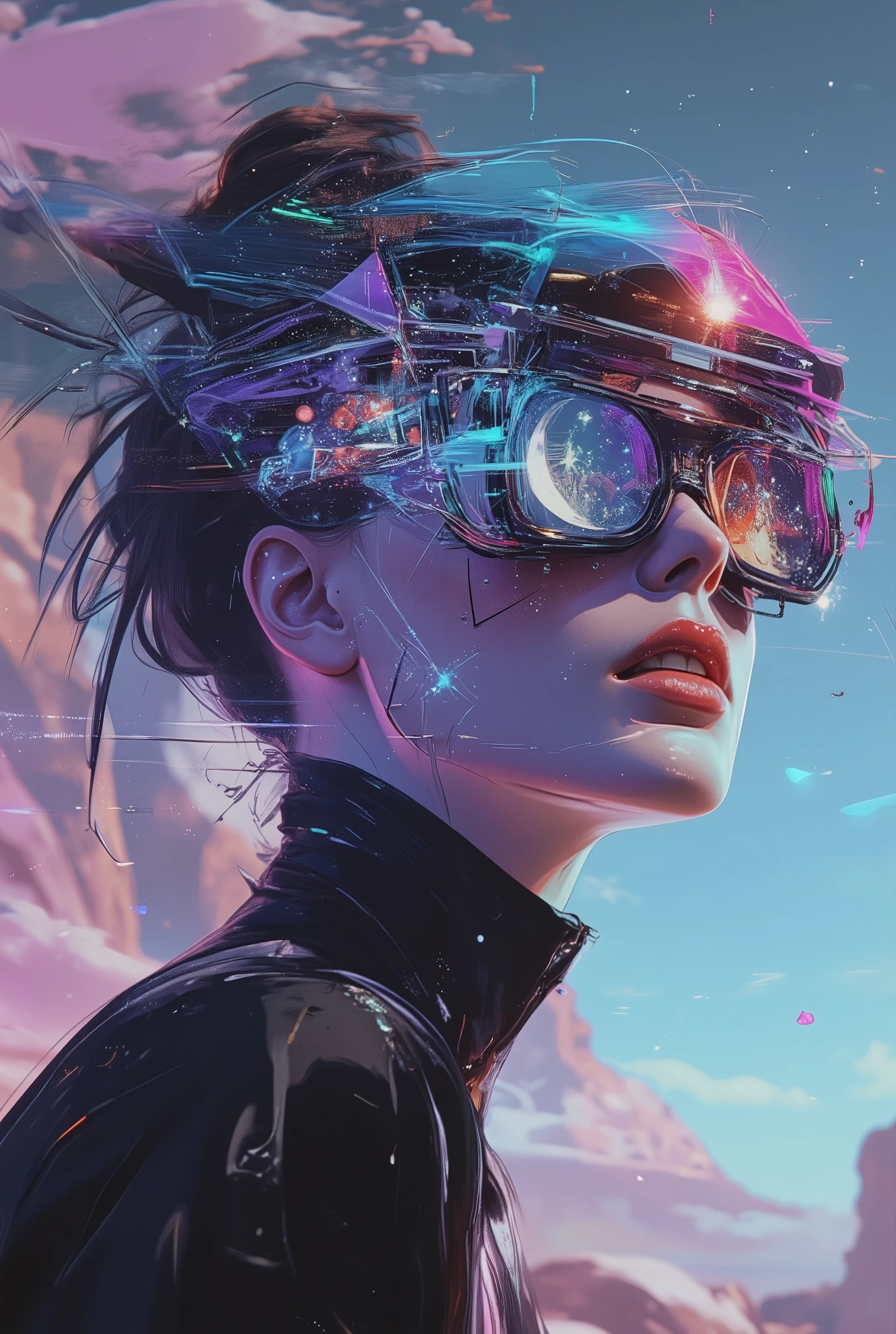 The model is wearing glass sunglasses with stars and the moon on the glass