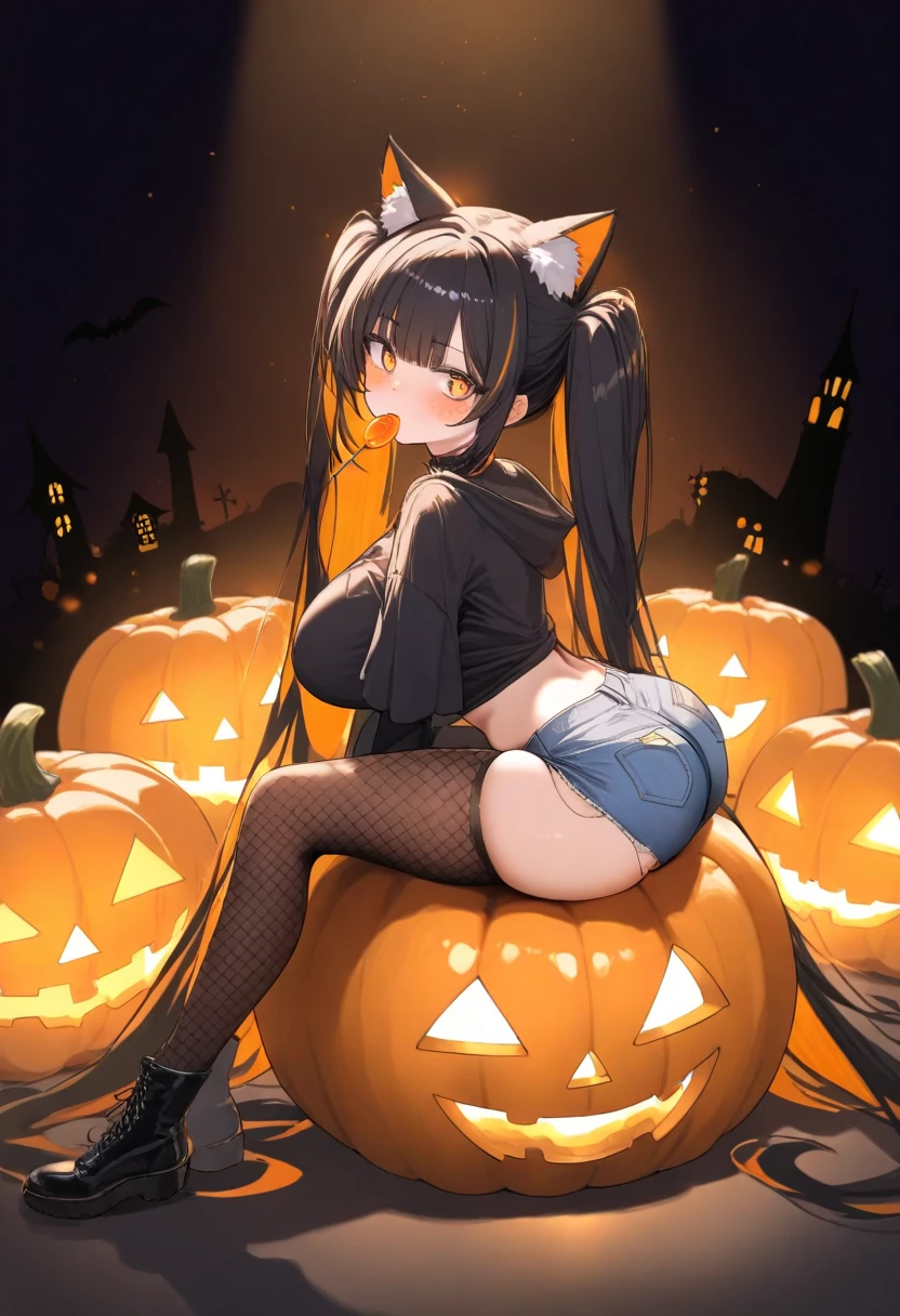 (top-quality、in 8K、32K、masterpiece、nffsw、超A high resolution、Impresionismo、Photorealsitic:1.2)、Colossal tits、cowboy shot, detailed faces and eyes、 nightclubs、Fancy lighting、Jack-o'-lanterns are placed、Halloween Costumes、beauitful face、blurry backround、16-year-old beautiful girl、shinny skin、long、Beautiful black hair、Blunt bangs、Blue eyes、(Katyusha:1.2)、Tiger ears、Cat tail、Tight North Rib Shirt、a miniskirt、Short boots、Curve、Stand on one knee、(I can see panties.:1.2)、Embarrassing face with mouth closed、Fours、raise a hand、Raise one leg、Chained collar、Iron Man in Chains
