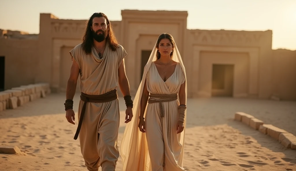 Create a 4K biblical scene image that represents a man and a woman, virados de costas, next to a well in a biblical time desert landscape and families.
The desert landscape must be portrayed with a magical touch, where the sand dunes are soft in color and the highlight shines well in soft light. The starry night sky adds an element of charm to the scene, and the overall image evokes the feeling of a biblical story