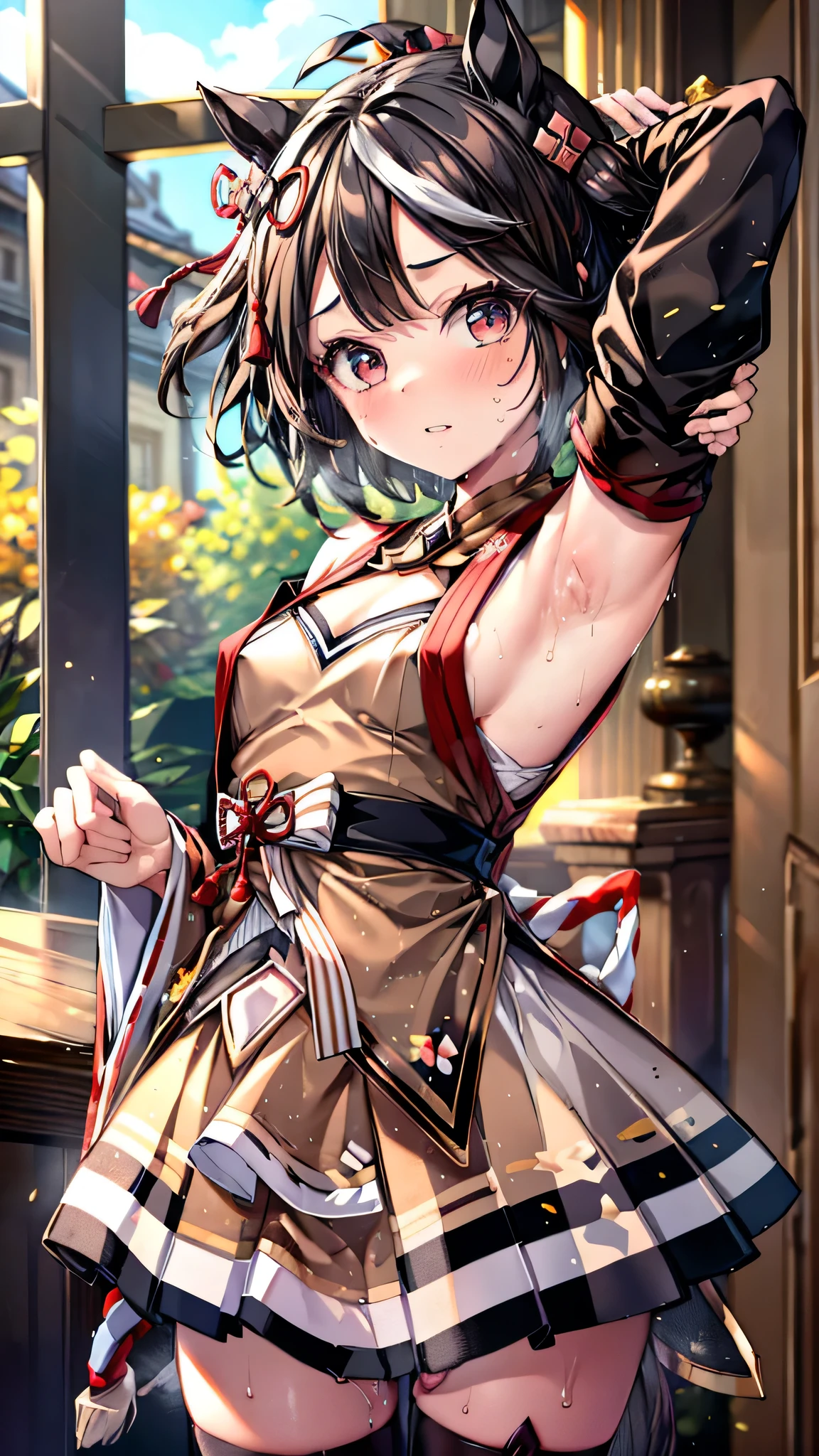 ((masterpiece, sidelighting, finely detailed beautiful eyes: 1.2)), ultra-detailed, ultra high res, professional lighting, high quality makeup, beautiful detailed eyes, beautiful, big eyes, drooping eye, (1 -schlittle ban girl:1.6), (short stature, small stature, petite body, Loli, toddler:1.6), (aged wn:1.6), (flat chest:1.2), (black and brown japanese clothes:1.4), (blush cheek, blush body:1.5), (armpit), Extremely cute, (extremely detailed beautiful face), (Hyper-realistic, Photorealsitic:1.4), (Authentic skin texture:1.4), beautiful hair, beautiful face, beautiful eyes, beautiful body, beautiful hands, (shy:1.6), (face focus, armpit focus:1.6), (sweat:1.6), (erect nipples), (sexual aroused:1.4), (orgasm:1.4), aakitasan, animal ears, short hair, streaked hair, hair ornament, horse tail, clothing cutout, detached sleeves, shimenawa, skirt, black thighhighs, (vibrator in thighhighs:1.4)