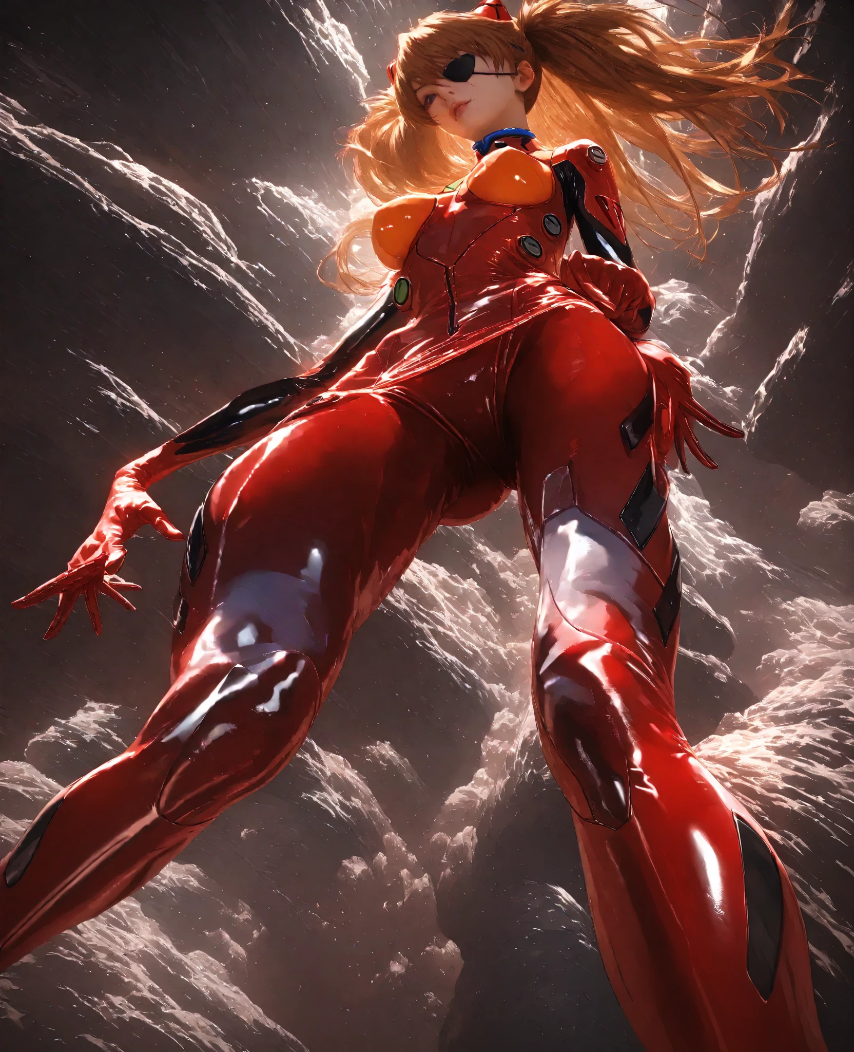 ( Masterpiece, top quality, 8k, sharp concentration, depth synthesis, realistic skin texture, very detailed background), anime style for beautiful breasts, Alone, 1 female, 1 girl, Soryu Asuka Langley, neon genesis evangelion, Eye patch, red plug suit, (low angle from below ground:1.3),upskirt