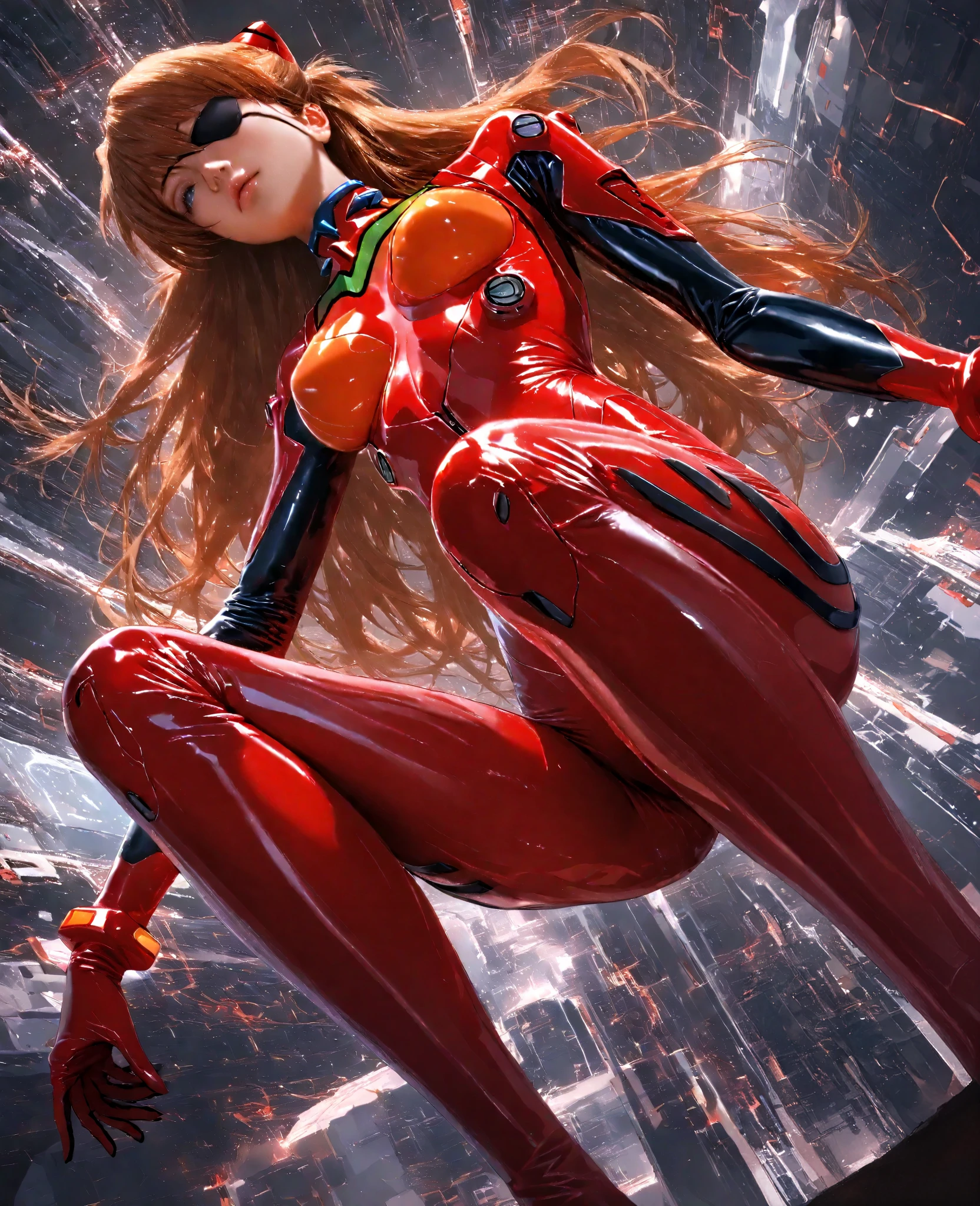 ( Masterpiece, top quality, 8k, sharp concentration, depth synthesis, realistic skin texture, very detailed background), anime style for beautiful breasts, Alone, 1 female, 1 girl, Soryu Asuka Langley, neon genesis evangelion, Eye patch, red plug suit, (low angle from below ground:1.3),upskirt