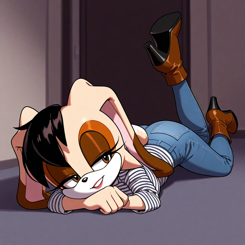 [temmie], [undertale], [Uploaded to e621.net; (Pixelsketcher), (wamudraws)], ((masterpiece)), ((HD)), ((high res)), ((solo portrait)), ((back view)), ((feet visible)), ((furry; anthro)), ((detailed fur)), ((detailed shading)), ((beautiful render art)), {anthro; (slim figure), (white body fur), black nose, cute grey eyes, short grey hair, (curvy hips), (beautiful legs), (beautiful feet), (humanoid feet), (paw pads), (excited smile)}, {(long blue-yellow striped tee shirt), (??????????)}, {(on bed), (kneeling), (looking back), (looking at viewer)}, [background; (bedroom), (window), (blue sky), (sun rays), (ambient lighting)]