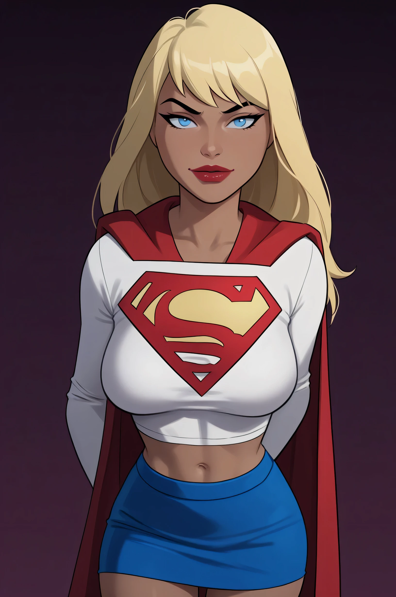 PonyXLV6_Scores BREAK ((parody), perfect anatomy, perfect eyes, cowboy shot) BREAK kara zor-el, long hair, blonde hair, blue eyes, dark-skinned woman, lipstick, red lips, flirting, raised eyebrow, , ((looking at viewer)), superhero, crop top, white shirt, long sleeves, midriff, red cape, blue mini skirt, large breasts, curvy, toned, athletic, seductive pose, night, street