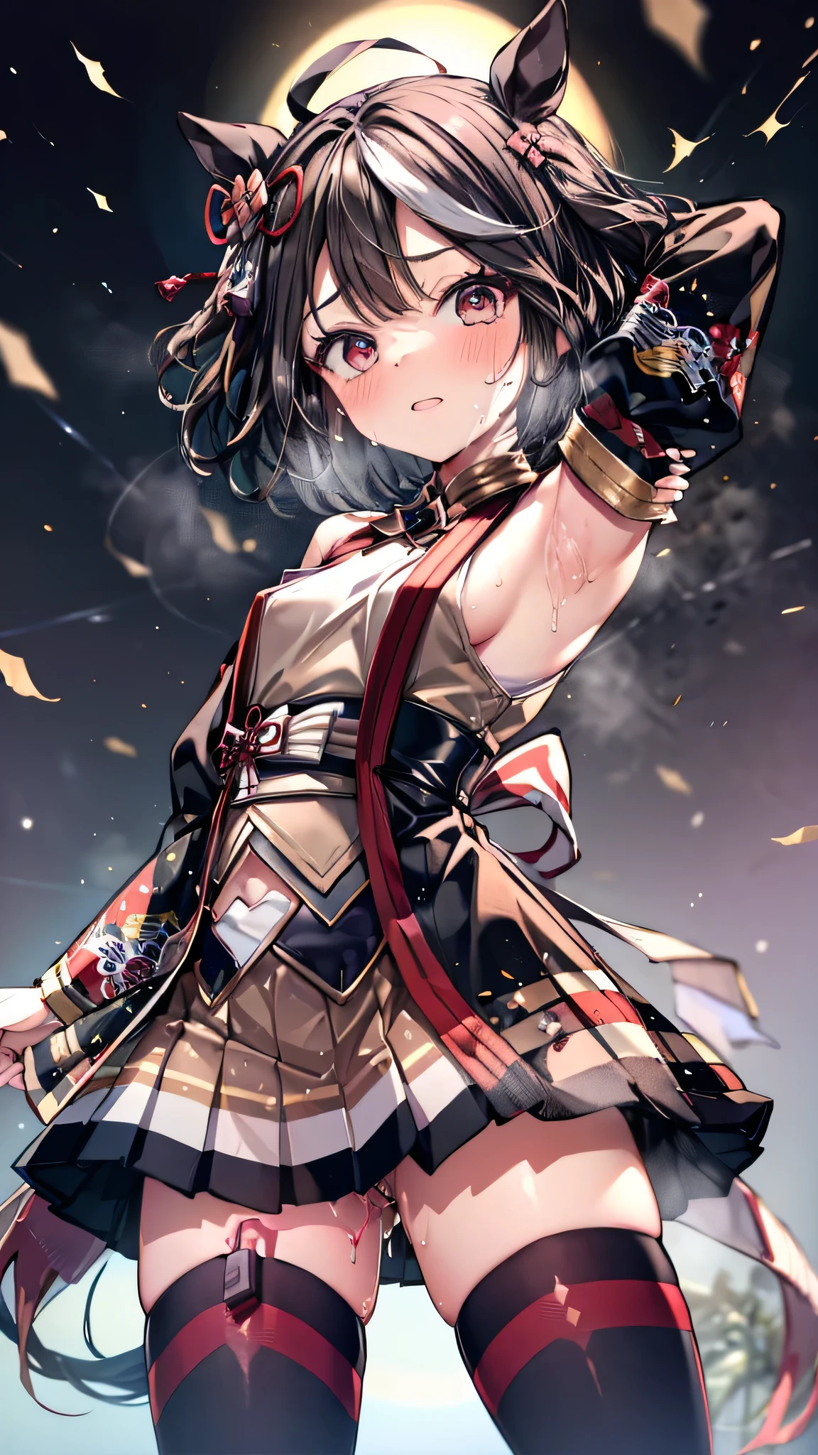 ((masterpiece, sidelighting, finely detailed beautiful eyes: 1.2)), ultra-detailed, ultra high res, professional lighting, high quality makeup, beautiful detailed eyes, beautiful, big eyes, drooping eye, (1 -schlittle ban girl:1.6), (short stature, small stature, petite body, Loli, toddler:1.6), (aged wn:1.6), (flat chest:1.2), (black and brown japanese clothes:1.4), (blush cheek, blush body:1.5), (armpit), Extremely cute, (extremely detailed beautiful face), (Hyper-realistic, Photorealsitic:1.4), (Authentic skin texture:1.4), beautiful hair, beautiful face, beautiful eyes, beautiful body, beautiful hands, (shy:1.6), (face focus, armpit focus:1.6), (sweat:1.6), (erect nipples), (sexual aroused:1.4), (orgasm:1.4), aakitasan, animal ears, short hair, streaked hair, hair ornament, horse tail, clothing cutout, detached sleeves, shimenawa, skirt, black thighhighs, (vibrator in thighhighs:1.4)