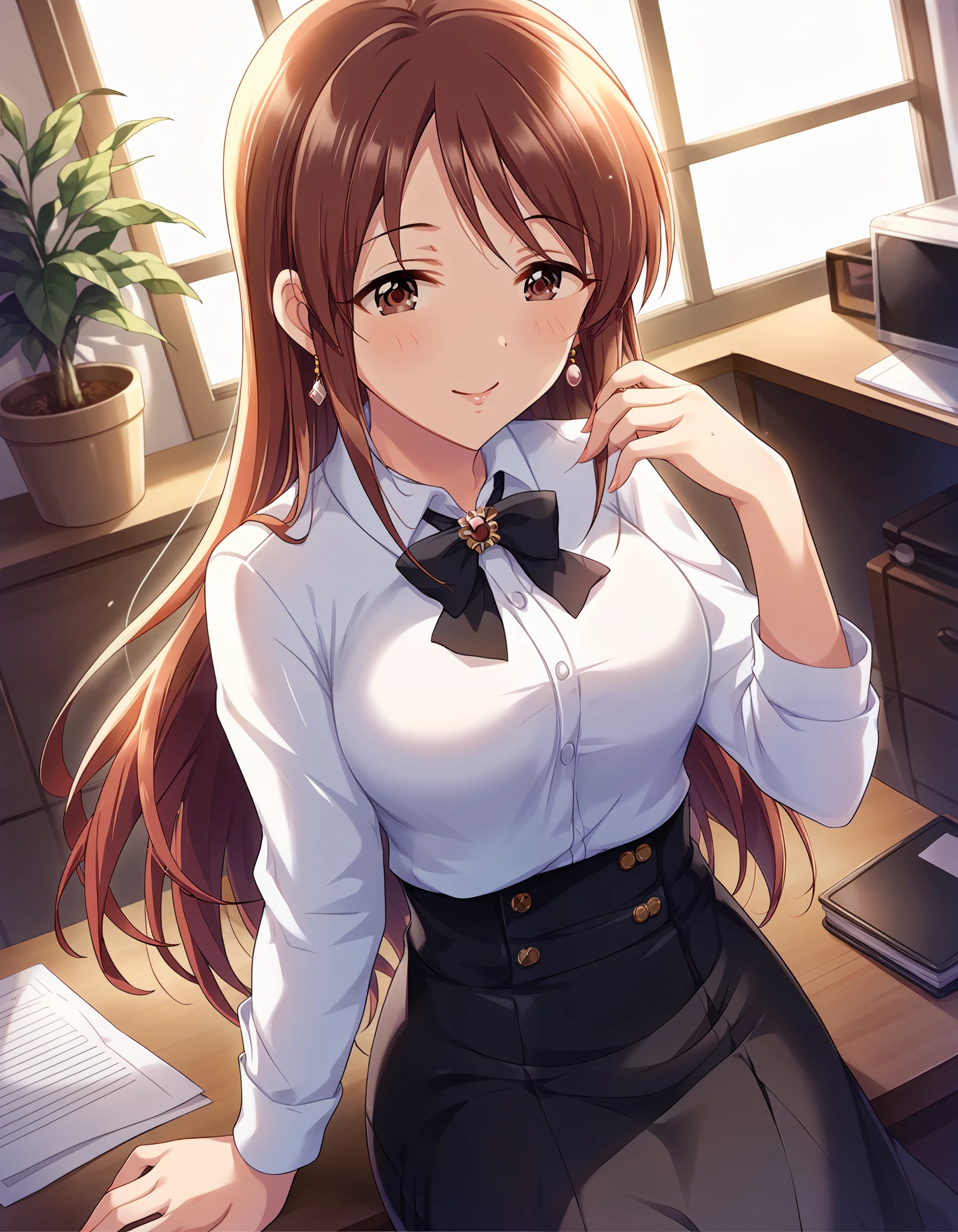 ((( mifune miyu)))、 Black Tight Skirt、 white shirt、((Top angle))、 office、 Ulchan-6500-v1.1, ( RAW photos :1.2),  beautiful detailed ,  very detailed that な目 美しい目, beautiful eyes 、Brown Eyes 、  large file size,  Hi-Res,  very detailed that ,  top quality, [ Masterpiece:1.6], Awareness-raising,  very detailed that , CG, finely,  top quality, 8K wallpaper,  Perfect Body、 dynamism 、 very detailed that 
