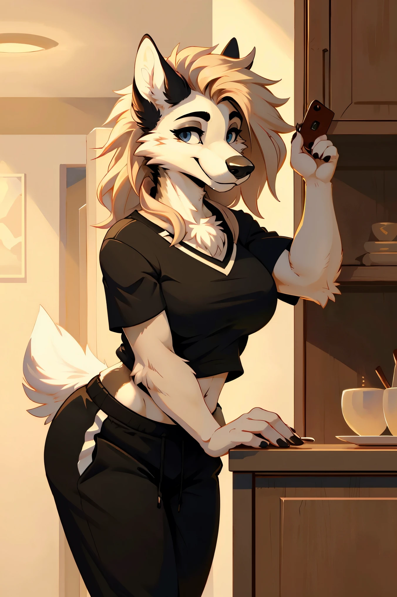 beautiful and detailed portrait (((female))) female anthro wolf, kenket, Ross Tran,Ruan Jia, ((wolf ears)),(short tail)),((white fur)),(fluffy))), huge breasts, perfect breasts, white haor, lean forward, arousal, chest view, ((open eyes)), excited facial expression, modern kitchen background, very detailed, attention to detail, hi res, high resolution, ((sports bra)))),(((view of the chest through the bra))) ,(bra too small))),((nipple contour))),(protruding, under the tits, under the breasts, (very small bra))), ((breasts crushed)), dark, dark lighting, shadows, night, ((bra overcrowded)), (sleeping bra), nipple contour, ((bra too small)),(nipple contour)), ((protruding nipple))),(protruding nipple)),((completely transparent colorless bra)))),((view of the chest through the bra))),(((maximum transparent clothing))),((view of the body through clothes))), white hair, wearing leggings