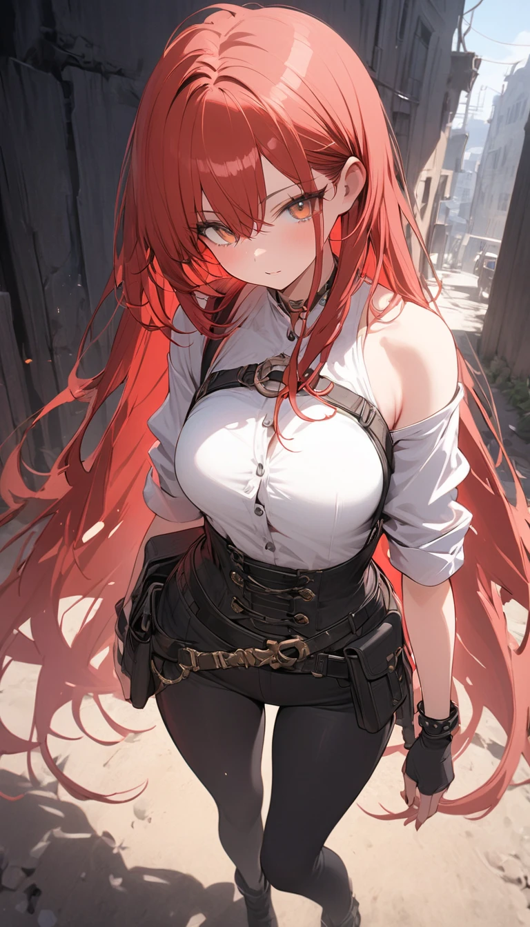 masterpiece, best quality 1girl, solo, beautiful woman, messy bangs, red hair, long hair, hair two side up by black bows , yellow eyes, grin, large breasts, toned stomach, white tank top, black coat, figureless black gloves, pants, fantasy, looking at viewer, Fantasy town background