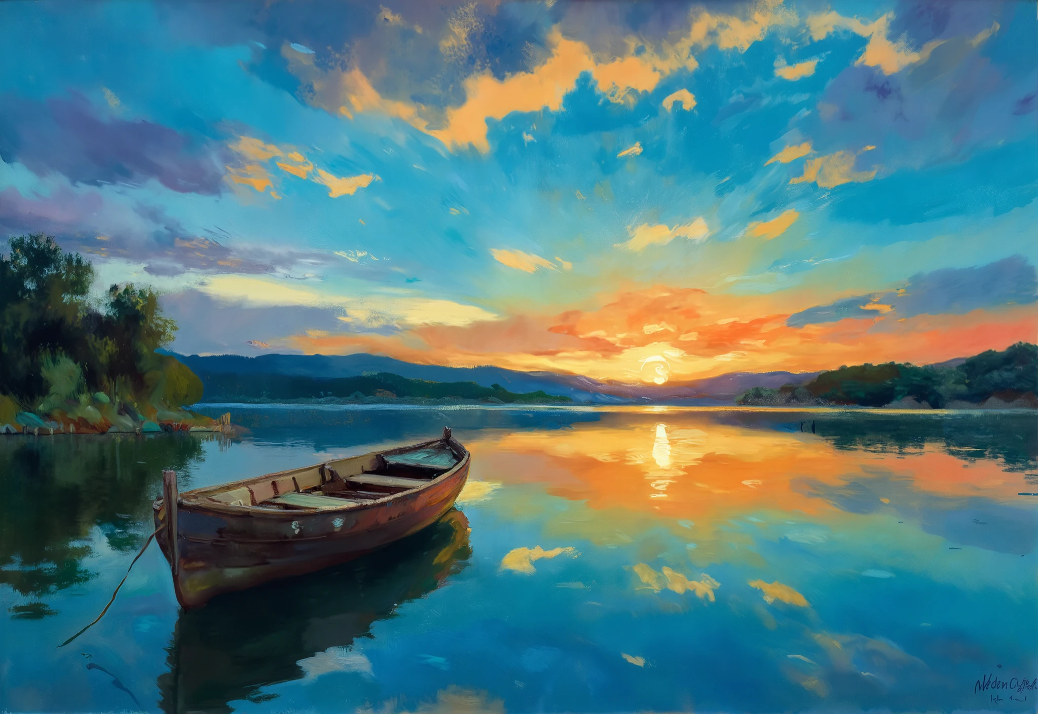 a stunning sunset lake landscape, a wooden fishing boat on a serene lake, dramatic sky with vibrant colors, sunlight reflecting on the water, an incredible award-winning abstract art piece, high quality detailed illustration, photorealistic, 8k, masterpiece, hyper-detailed, rich colors, dramatic lighting, dynamic composition