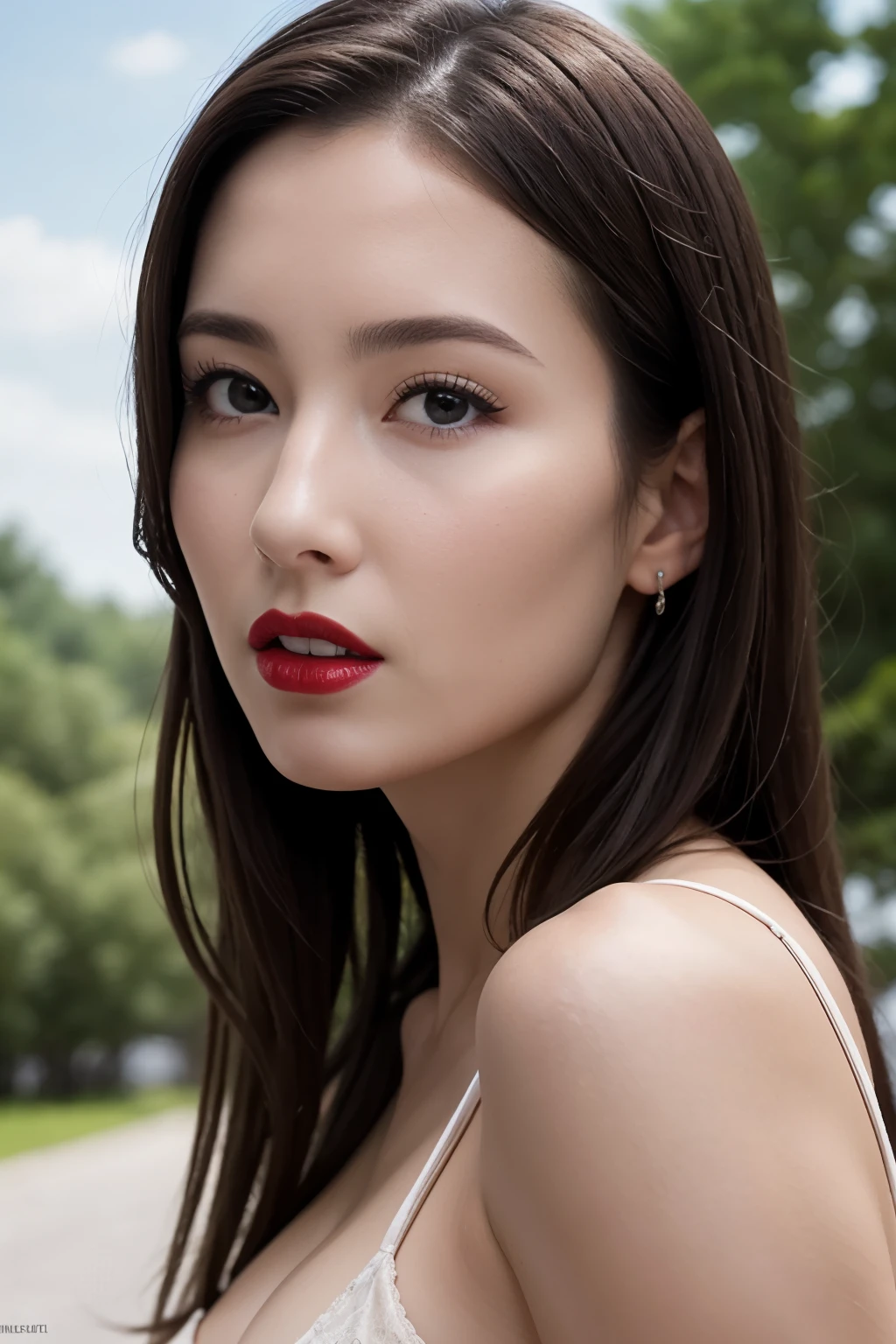 8k, top quality, Masterpiece, photorealistic, super detailed, ( one girl), red lips, short hair, straight hair, Middle Brest, cleavage, Outdoors, professional lighting, ( Watch Viewers )